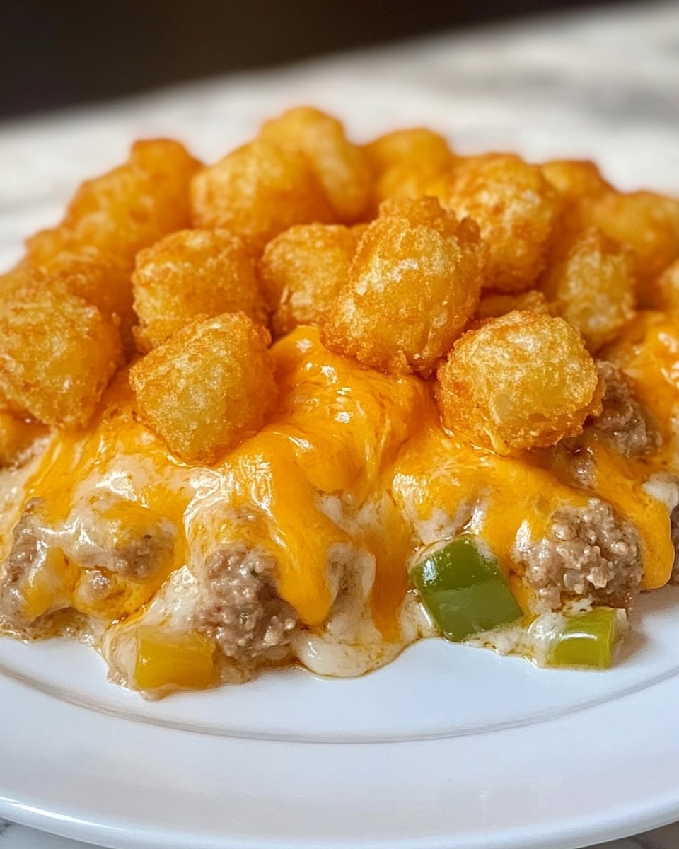 Tater Tot Casserole, easy tater tot casserole, comfort food recipes, ground beef casserole, cheesy potato casserole A white plate holds a layered dish with a base of cooked ground meat and green bell pepper pieces in a creamy white sauce. Over this is a layer of melted bright orange cheddar cheese. On top are several golden brown crispy tater tots arranged closely together, covering the whole dish. The edges of the cheese are slightly melted over the meat and peppers, adding a smooth texture contrast to the crunchy top layer. The dish is set on a white marbled surface, and the