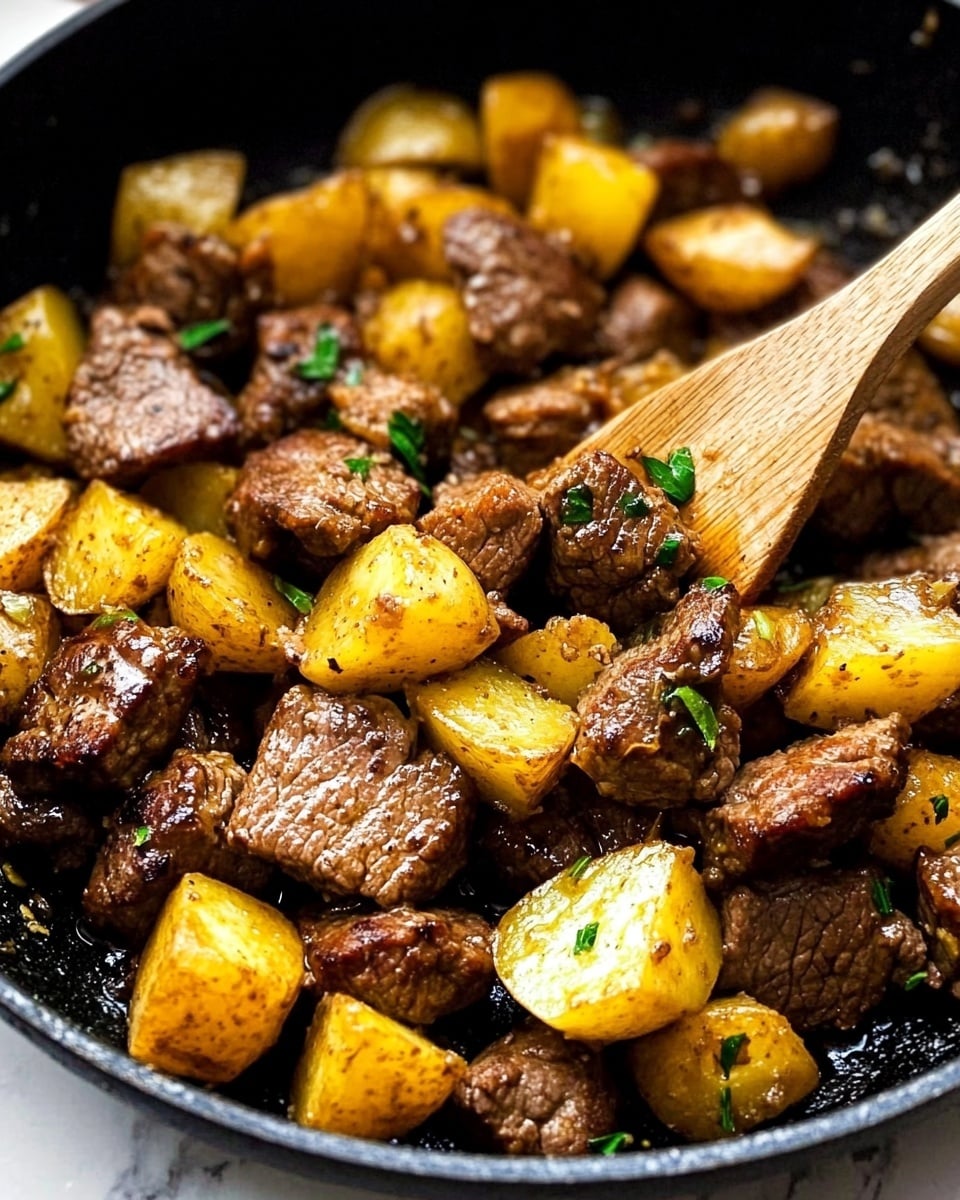 Garlic Butter Steak Bites and Potatoes, garlic butter steak bites meal, steak bites dinner ideas, easy steak and potato recipes, flavorful beef and potato dishes The image shows a close-up view of a black pan filled with cooked beef and golden yellow potatoes. The beef pieces are medium-sized, brown with a slightly crispy texture, mixed evenly with the potatoes which have a similar golden color with some browned edges. Small green herbs are sprinkled throughout, adding a touch of color contrast. A wooden spatula is placed in the pan, partially lifting some of the food. The scene is set on a white marbled surface.