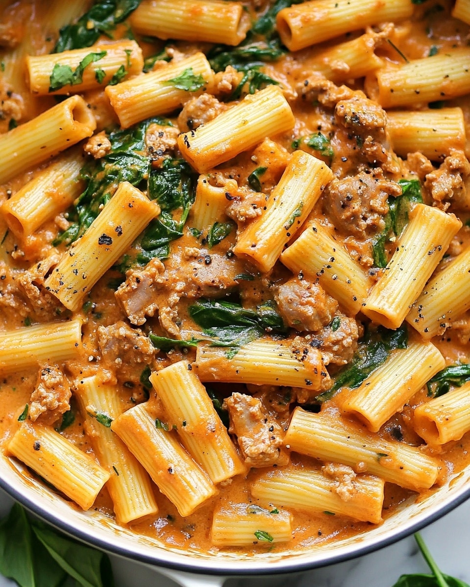 Creamy Sausage Rigatoni, Easy One-Pan Pasta Dinner, 30-Minute Pasta Recipe, Quick Weeknight Meals, Comfort Food Pasta This image shows a close-up of rigatoni pasta mixed with orange creamy sauce with small bits of light brown meat and dark green spinach leaves, all inside a white pan. The rigatoni pasta is tube-shaped and coated evenly with the sauce, with visible black pepper specks and herbs scattered throughout. The spinach leaves are wilted and spread throughout the pasta, adding splashes of green. The creamy sauce binds everything together, giving a smooth but textured look. The pan rests on a white marbled surface with some raw rigatoni and green herbs nearby.