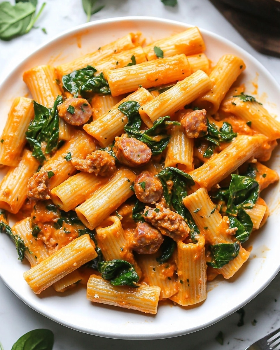 Creamy Sausage Rigatoni, Easy One-Pan Pasta Dinner, 30-Minute Pasta Recipe, Quick Weeknight Meals, Comfort Food Pasta The image shows a white plate filled with rigatoni pasta mixed with cooked ground meat and wilted green spinach leaves. The pasta is coated in a light orange sauce, with seasoning visible on the meat and pasta surfaces. The rigatoni tubes are arranged loosely, with some spinach tucked between them, adding dark green highlights. The plate sits on a white marbled surface with some green leaves scattered around for decoration.