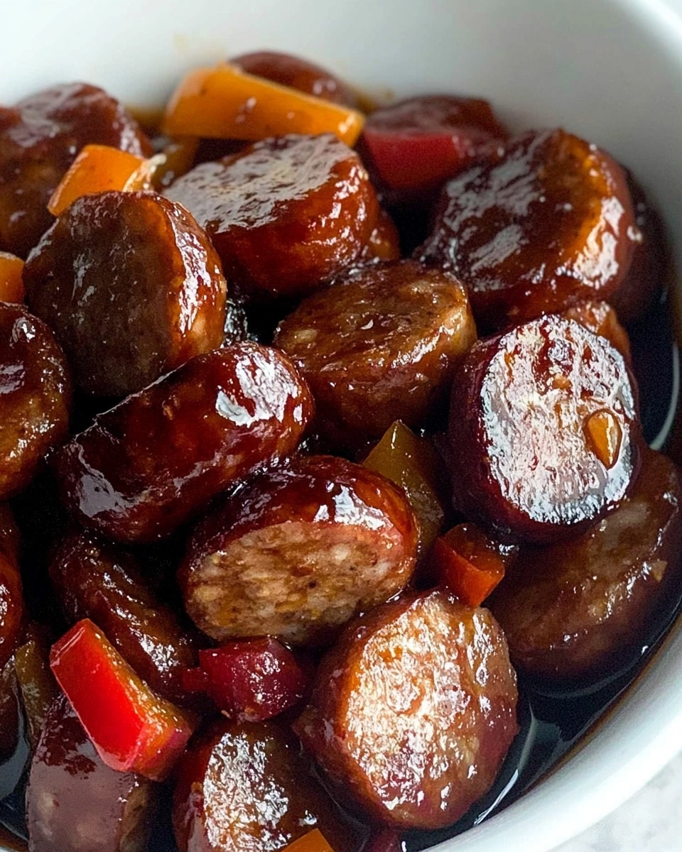 BBQ Smoked Sausage with Grilled Peppers and Onions, smoky sausage grilled peppers onions, easy BBQ sausage dinner, flavorful sausage and peppers recipe, quick outdoor grilling ideas A close-up view of a white bowl filled with thick, round slices of dark brown sausage that look shiny and moist from a dark, glossy sauce. Mixed in with the sausage slices are chunks of red bell pepper and pieces of light yellow onion, both coated lightly with the same sauce. The bowl sits on a white marbled surface.