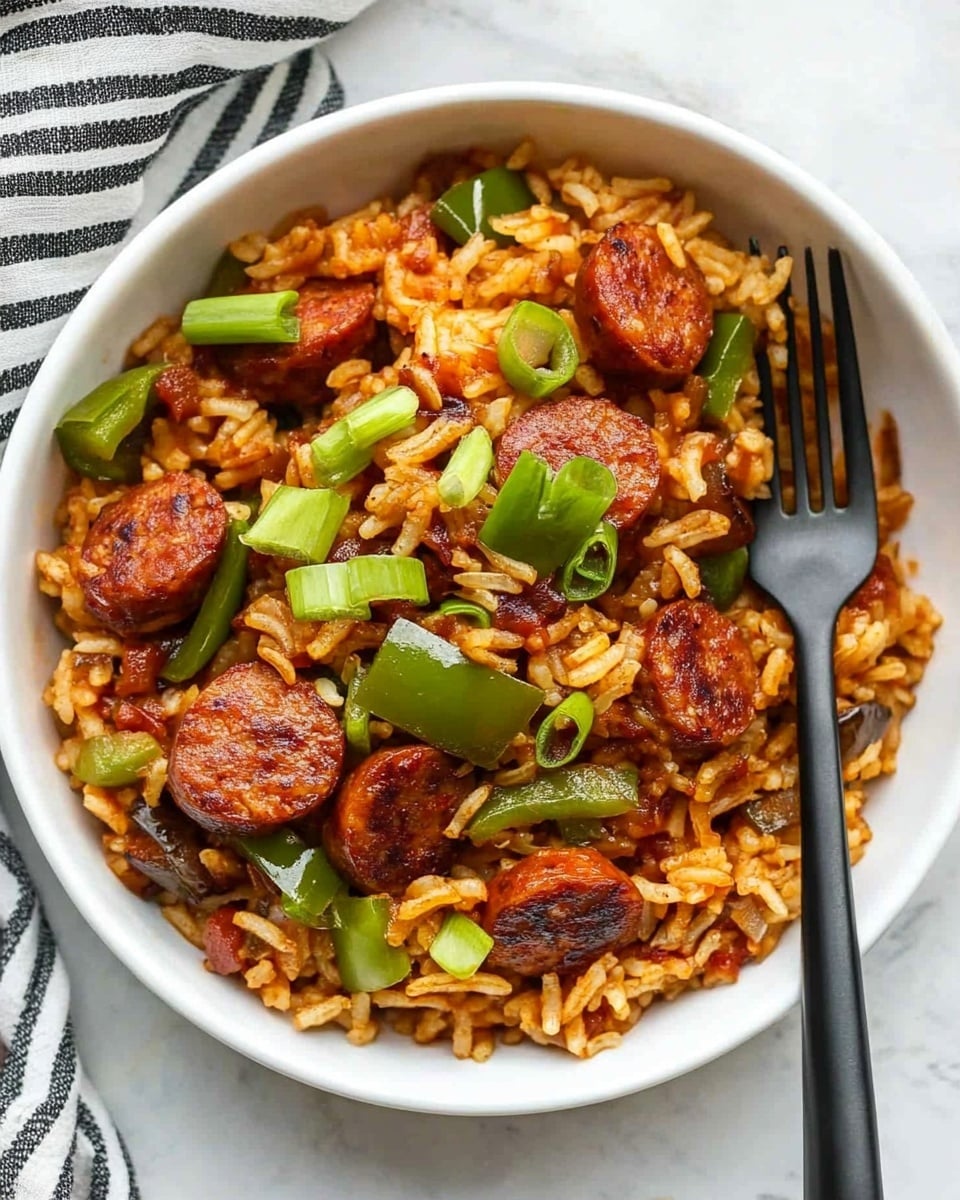 Cajun Sausage and Rice Skillet, Cajun Sausage and Rice, Cajun one-pan dinner, spicy sausage rice skillet, quick Cajun dinner A white bowl filled with a dish of cooked rice mixed with slices of browned sausage and green bell pepper pieces, all coated in a reddish sauce. Green onion slices are scattered on top for garnish. A black fork rests inside the bowl on the right side. The bowl sits on a white marbled surface with a black and white striped cloth partially visible underneath the bowl on the left side.