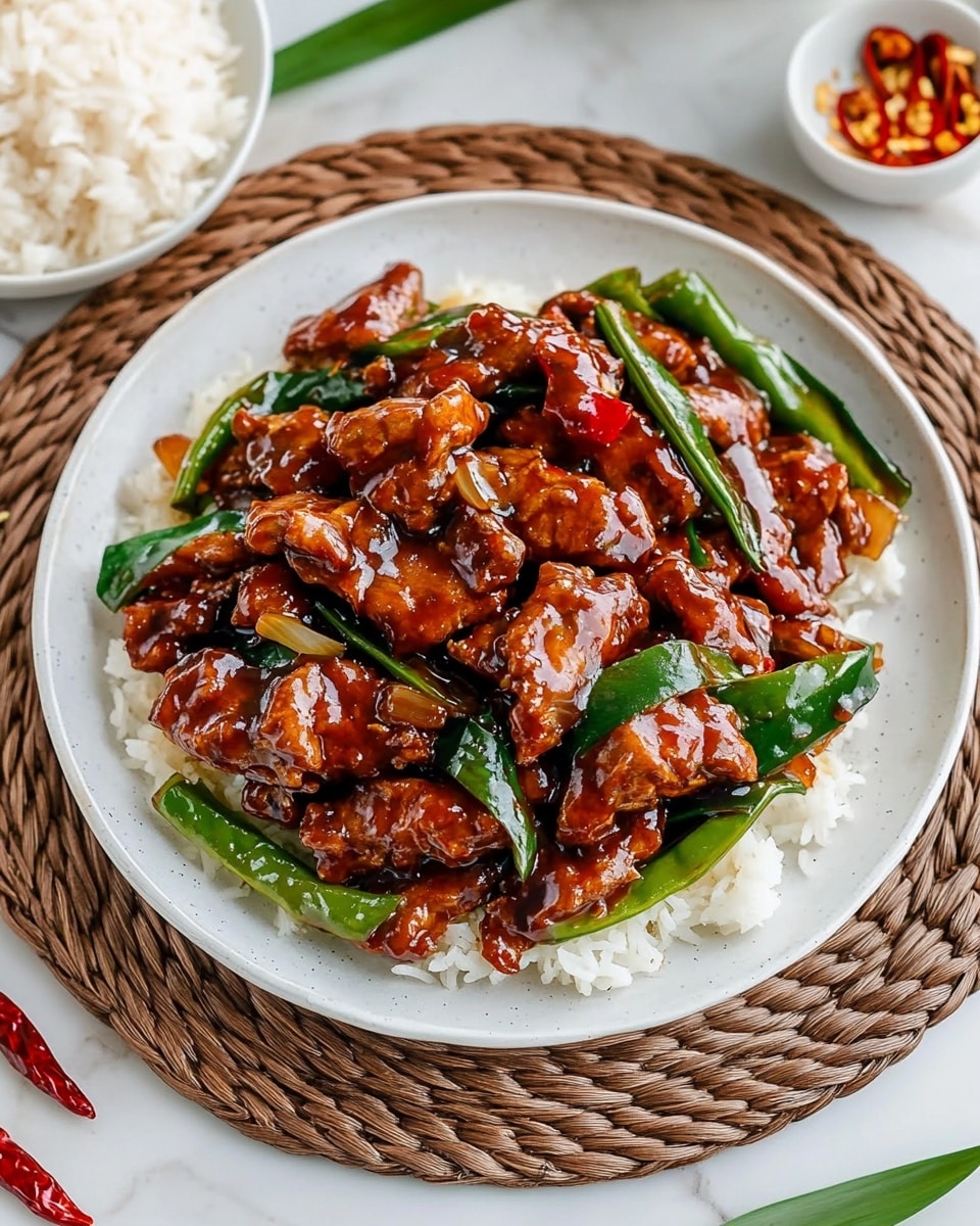 The dish shows a white plate full of glossy, brown pieces of meat mixed with bright green scallions and dried red chili peppers. The meat looks tender and shiny from the sauce, which is thick and rich. The green scallions are cut into medium long pieces and scattered evenly through the dish, adding a fresh contrast to the deep brown sauce. The dried red chilies are whole and placed visibly on top, giving a spicy visual element. The plate sits on a round, woven rattan mat, which adds texture and a natural look. Around the plate, on the white marbled surface, there are fresh green scallions, whole dried red chilies, and two small white bowls filled with plain white rice. Wooden chopsticks are positioned on the left side of the frame. photo taken with an iphone --ar 4:5 --v 6.1