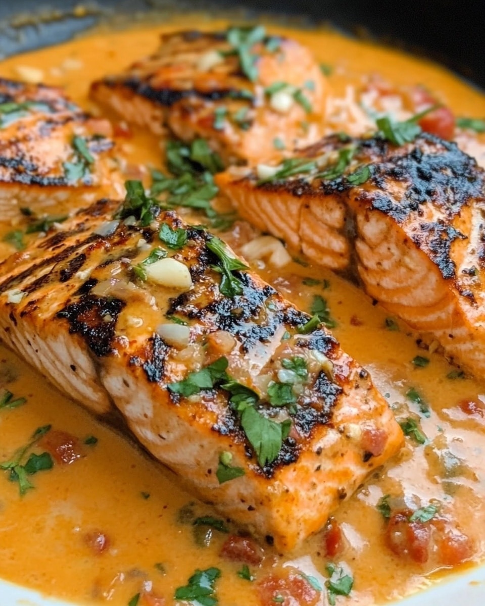 The image shows a close-up of a cast iron pan filled with three pieces of seasoned, cooked fish lying side by side, covered in a thick orange-red sauce with visible small chunks of tomatoes and herbs. The sauce has a creamy texture with green basil leaves sprinkled on top. The pan is round with a red outer edge, and the background is a white marbled surface. photo taken with an iphone --ar 4:5 --v 6.1