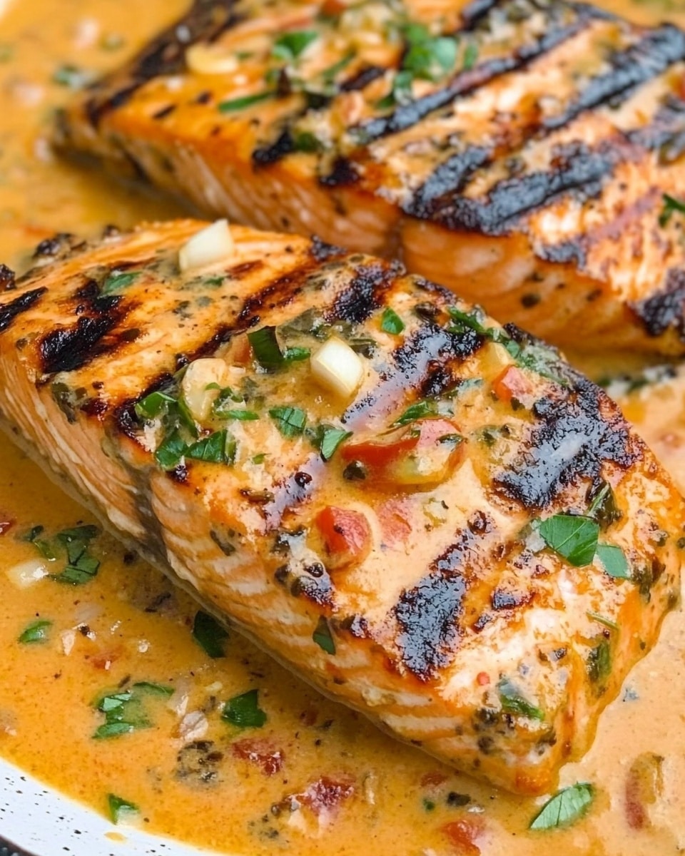 The image shows several pieces of cooked salmon with a light char on top, soaking in a thick orange-red sauce covered with small green herb pieces scattered on top. The sauce has a creamy texture with visible bits of seasoning and small herb leaves spread around. The salmon has a flaky texture where it has been gently separated, showing the soft pink inside. The dish is presented close up, with the salmon pieces almost filling the view, and the background is a white marbled texture. photo taken with an iphone --ar 4:5 --v 6.1