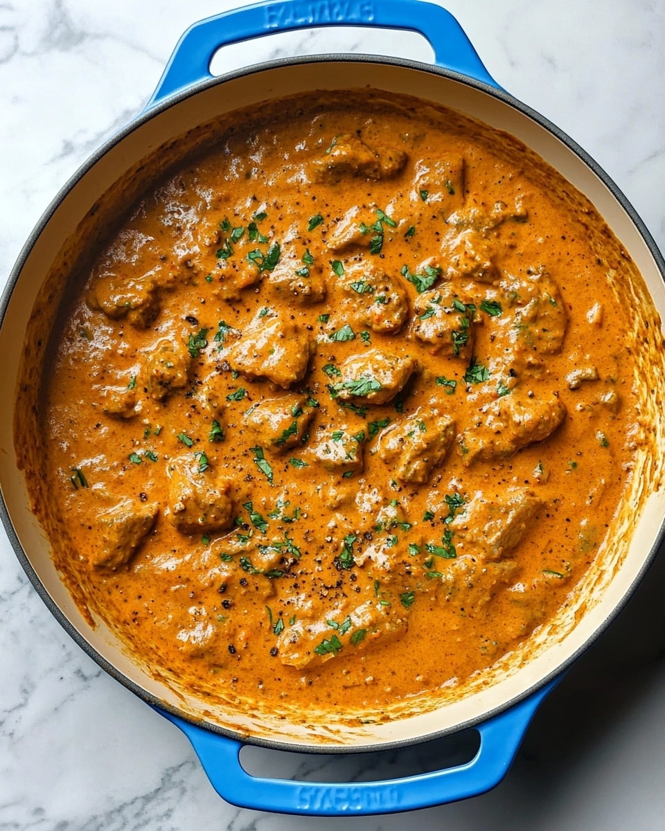 A white bowl filled with thick orange curry covered with swirls of cream and sprinkled with green herbs. The curry has pieces of tender chicken visible, with rich sauce around them. A wooden spoon held by a woman's hand is lifting a portion of curry showing chunky chicken and sauce. Surrounding the bowl are pieces of light flatbread partially visible on a white marbled surface. Photo taken with an iphone --ar 4:5 --v 6.1