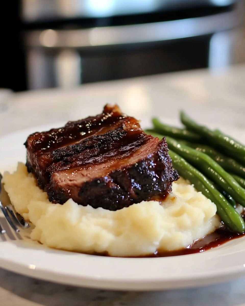 The dish shows a close-up of a white plate with two main layers: a base of creamy white mashed potatoes with a smooth, slightly fluffy texture, and on top, a large piece of dark brown, glazed meat with a shiny, sticky surface. The meat is being gently pulled apart by a silver fork, revealing tender strands inside. A single bright green bean lies on the mashed potatoes, and small drops of reddish sauce add color contrast on both layers. The plate sits on a white marbled textured surface. photo taken with an iphone --ar 4:5 --v 6.1