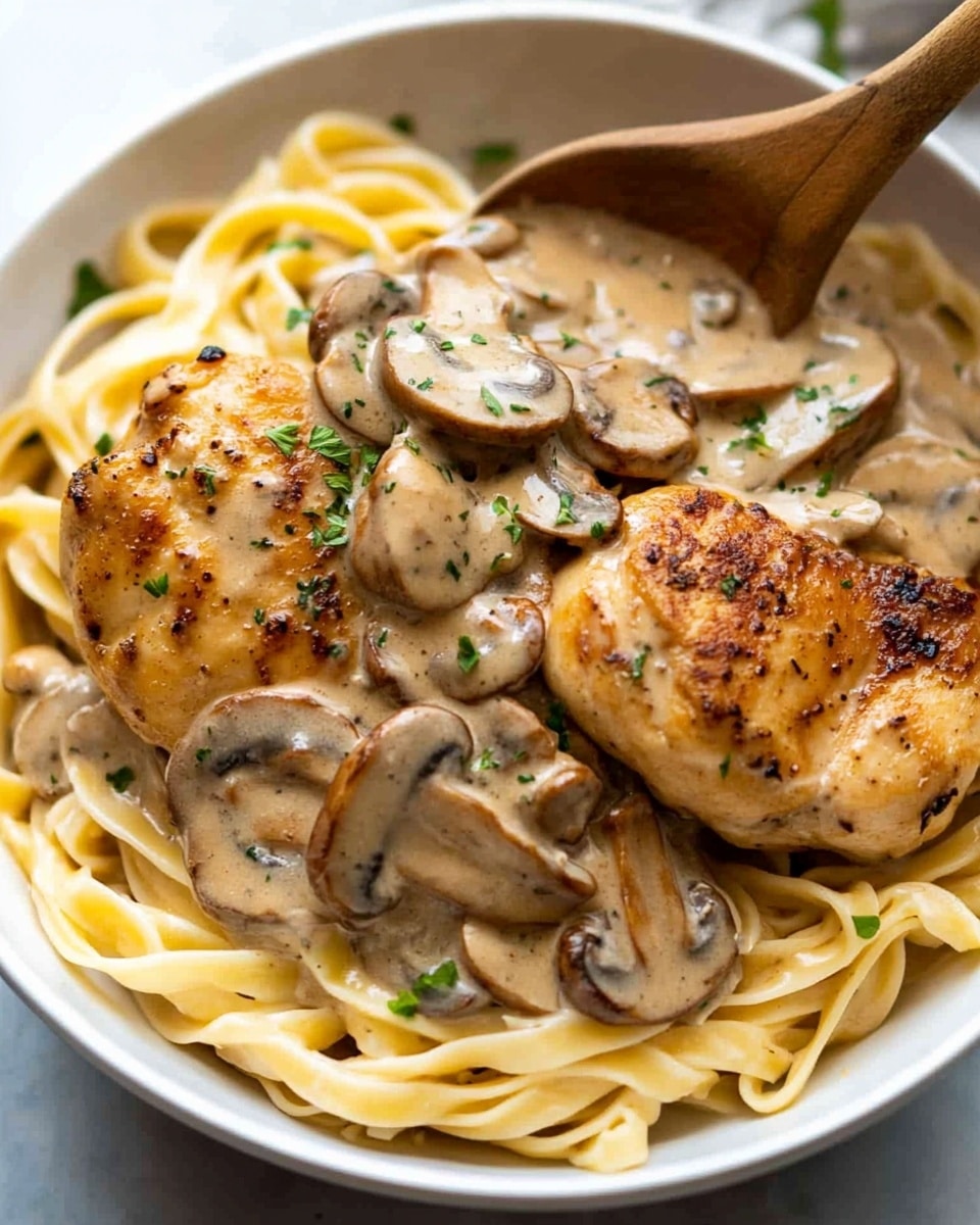 A white bowl filled with three golden-brown cooked meat pieces on top, covered with a creamy light brown mushroom sauce that has visible slices of mushrooms and small green herbs. Below the meat and sauce, there is a layer of long, flat pasta noodles, light yellow in color and slightly twisted. A spoon held by a woman's hand is resting inside the bowl on the right side. The bowl is placed on a white marbled surface with a soft white cloth nearby. photo taken with an iphone --ar 4:5 --v 6.1