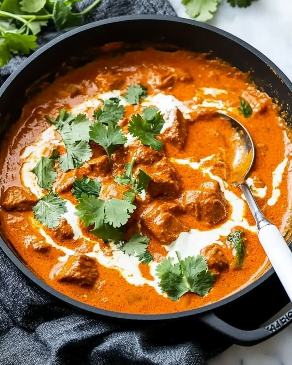 A bowl filled with two main layers, the bottom layer made of white rice with clear, separate grains, and the top layer of chunky pieces of orange-brown curry sauce covering the rice. The curry pieces have a smooth, thick texture, and there are scattered fresh green cilantro leaves on top. The bowl is white with green vertical lines on the inside. The background is a white marbled texture. A copper spoon and a white cloth with grey stripes are placed beside the bowl. photo taken with an iphone --ar 4:5 --v 6.1