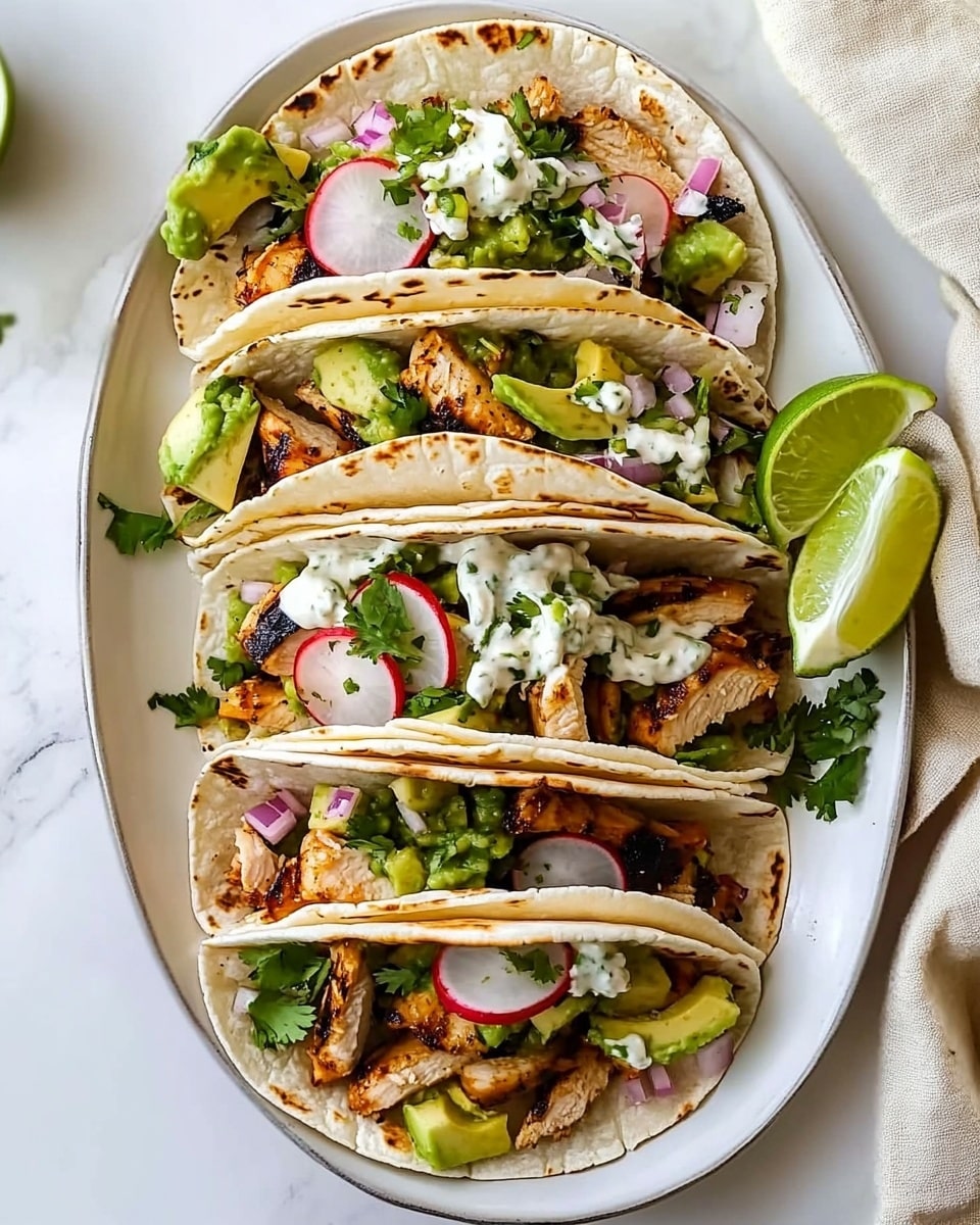 Four soft white tortillas are placed in a neat row on a white oval plate. Each tortilla is filled with small pieces of grilled chicken that have a light brown color. On top of the chicken, there are thin slices of green avocado and thin red radish slices. Bright green salsa and white sauce are drizzled over the fillings, with small bits of red onion and green cilantro sprinkled on top. Two lime wedges sit on the right edge of the plate, and a few more avocado slices are tucked on the left side. The plate rests on a white marbled surface. Photo taken with an iphone --ar 4:5 --v 6.1