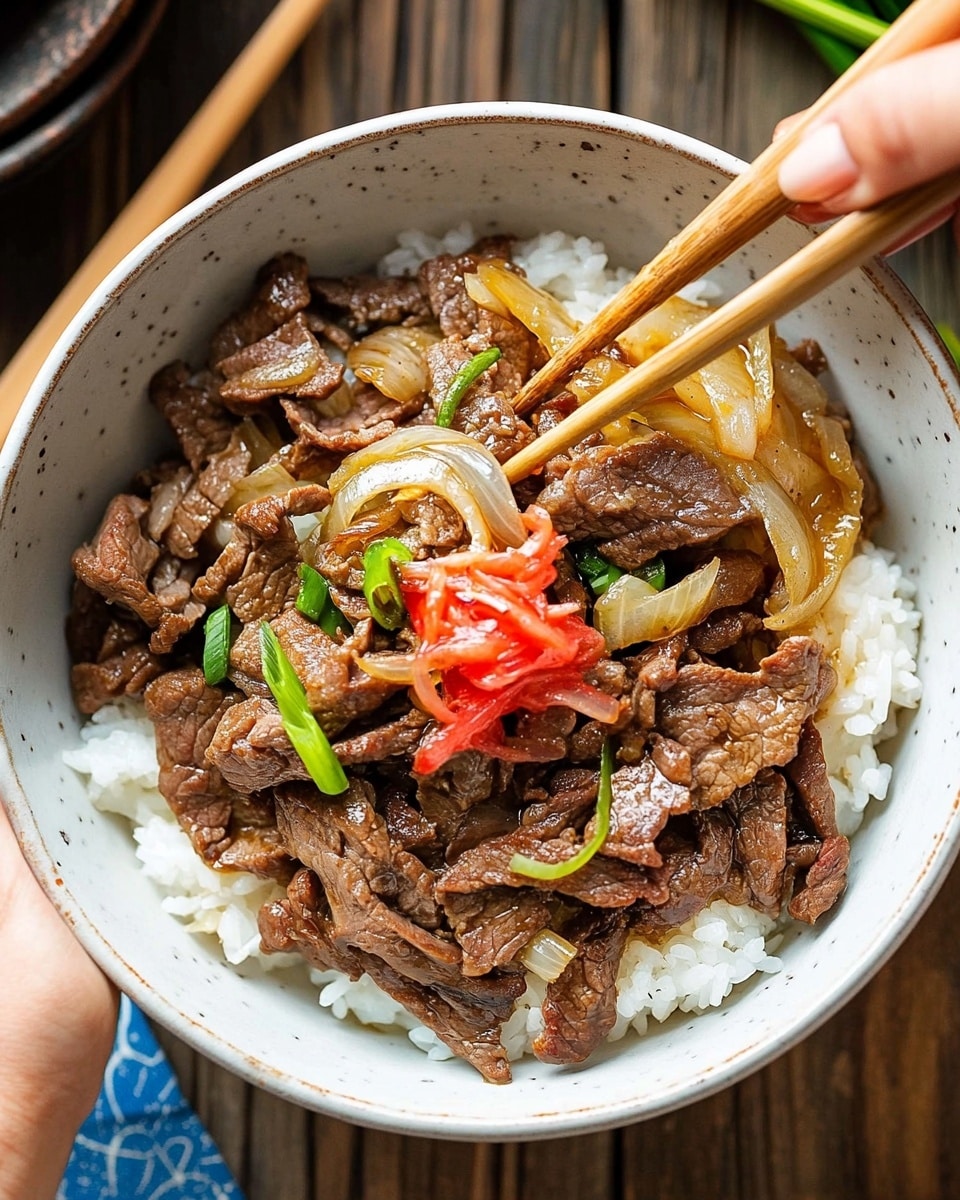Gyudon Japanese Beef Rice Bowl, Japanese beef bowl recipe, quick Gyudon recipe, savory beef donburi, easy Japanese dinner ideas A white bowl filled with a layered dish starting with a base of white rice, topped with thin slices of brown cooked beef mixed with soft, translucent yellow onions scattered throughout. In the center, there is a small pile of thin, bright red pickled ginger, adding a pop of color. Some green scallion slices are mixed with the beef and onions for extra detail. A wooden spoon lines underneath the beef, held by a woman's hand at the bottom right, while another woman's hand holds the bowl steady on the left side. The bowl is placed on a wooden surface with a hint of a bowl lid nearby, while chopsticks rest horizontally below the bowl.