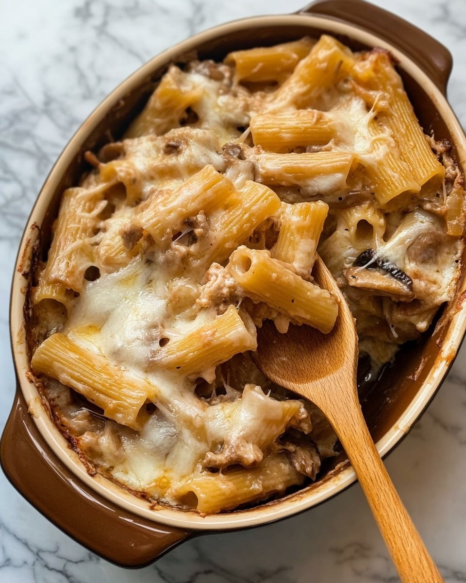 Creamy French Onion Pasta, French Onion pasta with cheese and caramelized onions, easy gourmet pasta dish, quick comfort food, flavored pasta with red wine and Worcestershire A close-up of a baked pasta dish in an oval brown casserole with handles on each side. The pasta is rigatoni, mixed with shredded mushrooms and covered with melted cheese that is slightly browned in parts. A wooden slotted spoon rests inside the dish, partly lifting some pasta, showing a creamy and thick texture. The dish sits on a white marbled surface.