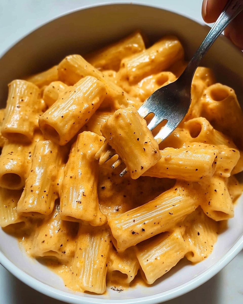 Creamy French Onion Pasta, French Onion pasta with cheese and caramelized onions, easy gourmet pasta dish, quick comfort food, flavored pasta with red wine and Worcestershire Inside a white bowl filled with creamy, light orange pasta tubes, each piece is thick and smooth with a glossy sauce coating. The sauce looks rich and thick, with tiny black specks of seasoning scattered evenly across the pasta. A shiny silver fork, held by a woman's hand, lifts a bite of the pasta showing the smooth sauce clinging to the ridged tubes. The bowl sits on a white marbled surface that adds a clean and bright background to the image.