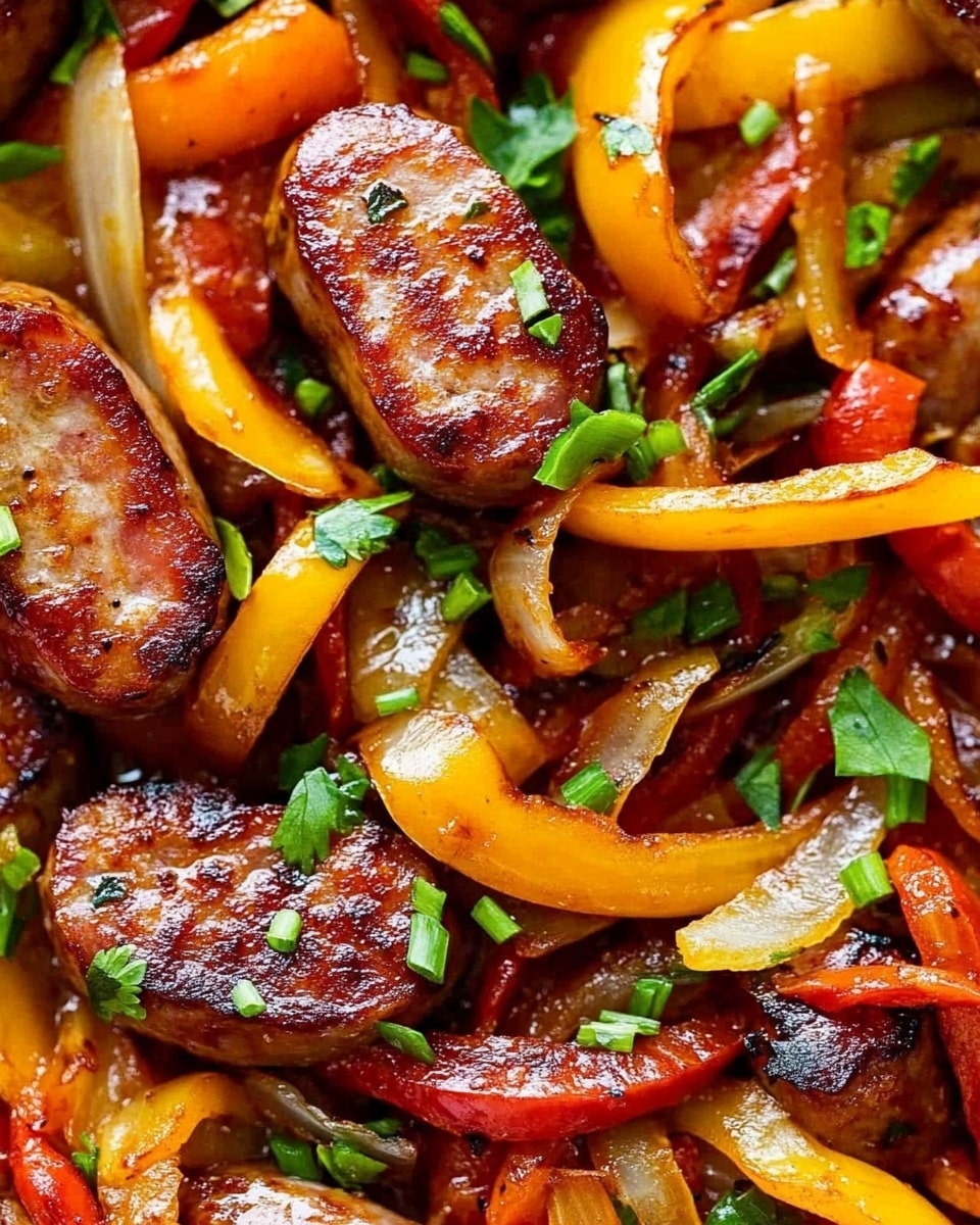 Sausage and Peppers Skillet, sausage and peppers dinner, quick sausage skillet recipe, easy sausage and peppers dish, one-pan sausage and peppers The image shows a close-up of a cooked dish in a silver pan sitting on a white marbled surface. The dish has three main layers: round slices of browned sausage with a slightly crispy outside, long thin strips of red, orange, and yellow bell peppers with a soft, shiny texture, and thin translucent slices of cooked white onion mixed in throughout. Small green pieces of chopped scallions and herbs are sprinkled on top, adding a fresh contrast. The sausages and vegetables look lightly glazed with oil, making them shiny and colorful.