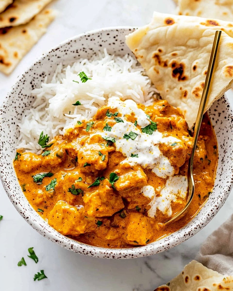 A white bowl filled with a bed of plain white rice at the bottom, topped with several chunks of orange-brown curry chicken covered in a creamy sauce with specks of green herbs sprinkled on top. On one side of the bowl, two pieces of folded, light golden-brown flatbread rest partially inside the bowl. The texture of the curry sauce looks smooth and thick, with some small bits of herbs and spices visible. The background shows a white marbled surface, adding a clean look. A silver spoon is placed inside the bowl, resting on the rice near the right edge. Photo taken with an iphone --ar 4:5 --v 6.1