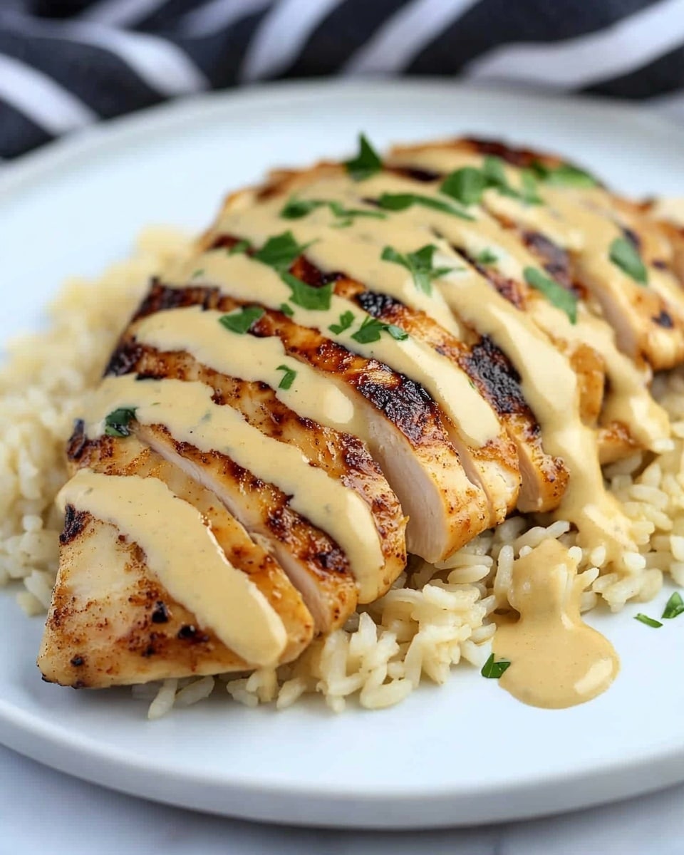 This image shows a close-up of a white plate with two main layers. The bottom layer is a bed of light golden rice mixed with small bits of herbs, giving it a slightly textured look. On top is a sliced, grilled piece of chicken, browned and seasoned, with a creamy, pale yellow sauce drizzled over it. Some vibrant green chopped herbs are sprinkled on the chicken and sauce for color contrast. The plate is on a white marbled surface with a blurred background featuring a white and blue striped cloth. photo taken with an iphone --ar 4:5 --v 6.1