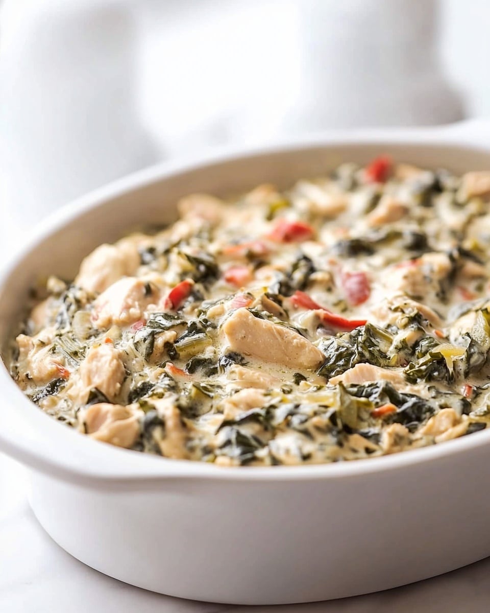 The image shows a single oval white ceramic dish filled with a creamy green and beige stew mixed with pieces of light-colored meat and chopped greens. Thin red strips and some darker green bits are scattered throughout the thick sauce, giving texture and color contrast on the dish s surface. The dish sits on a light beige cloth with a black grid pattern over a white marbled surface. Two white ceramic shakers are positioned in the upper part of the frame, and part of a plain white bowl is visible at the bottom right corner. The photo taken with an iphone --ar 4:5 --v 6.1