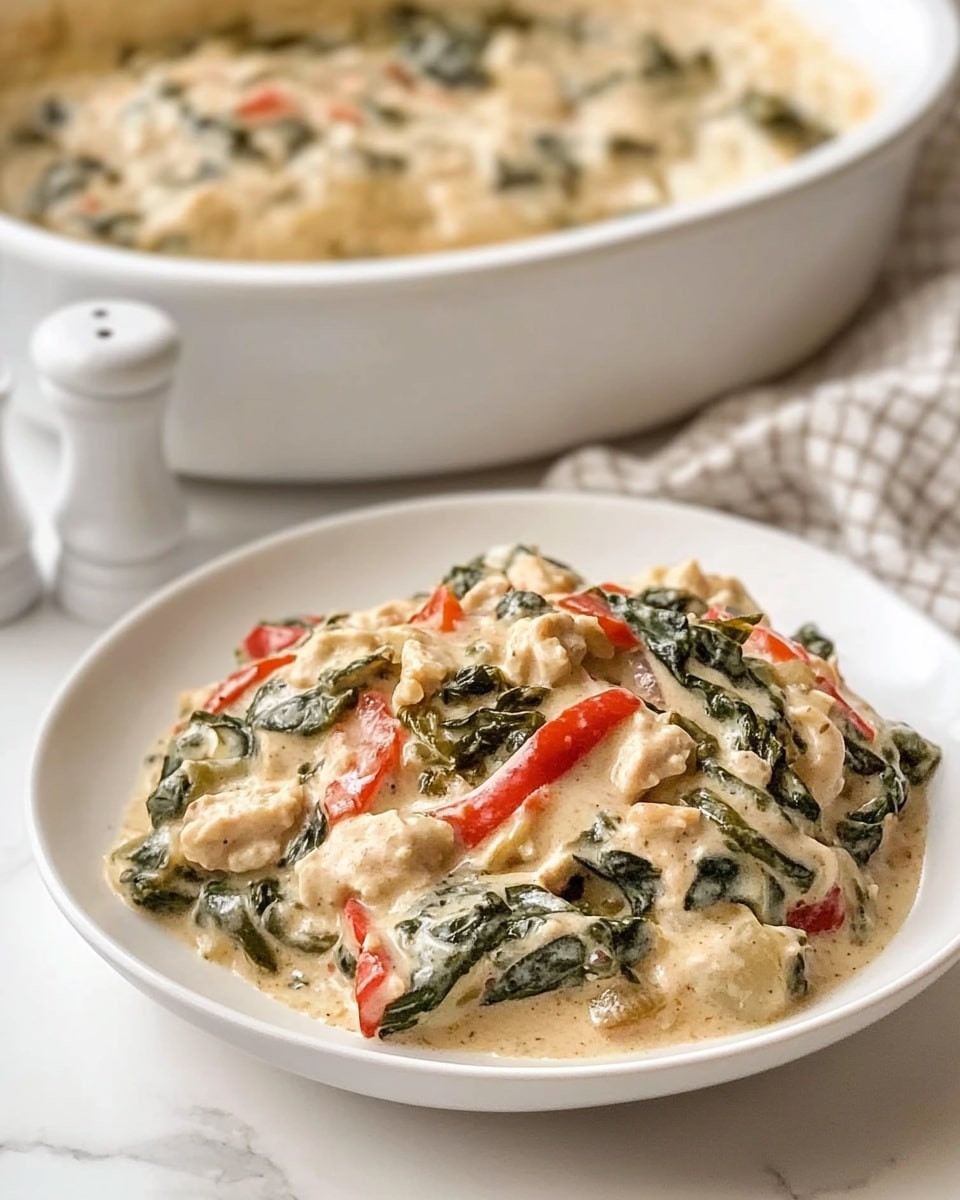 The image shows a white bowl with a creamy dish inside. The dish has mixed green and red bell pepper slices and chopped green leafy vegetables in a light yellow creamy sauce. The texture looks soft and mixed evenly across the dish. In the background, there is a white baking dish filled with the same creamy mixture. Both containers are sitting on a white marbled surface, and there is a white salt shaker nearby. A light beige and brown checkered cloth is partially under the baking dish. photo taken with an iphone --ar 4:5 --v 6.1