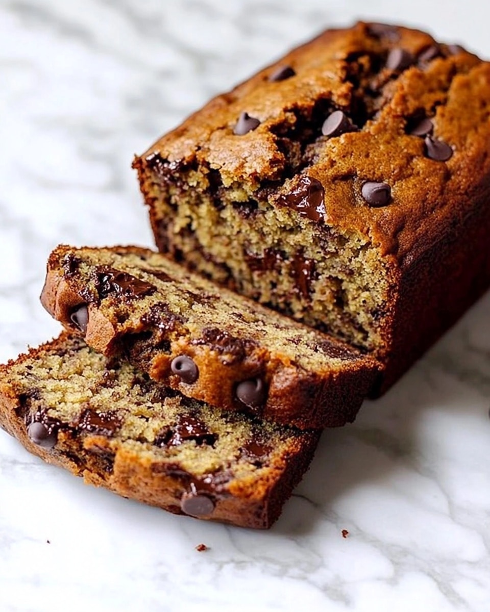 A loaf of banana bread with chocolate chips is shown on a white marbled surface. The bread is rectangular and golden brown with a slightly rough crust. Three slices are cut from the front, showing the soft, moist inside with scattered dark chocolate chips. The top of the loaf is studded with more chocolate chips, adding texture and contrast to the golden crust. Some crumbs and a few chocolate chips are scattered around the loaf on the white marbled surface. Photo taken with an iphone --ar 4:5 --v 6.1