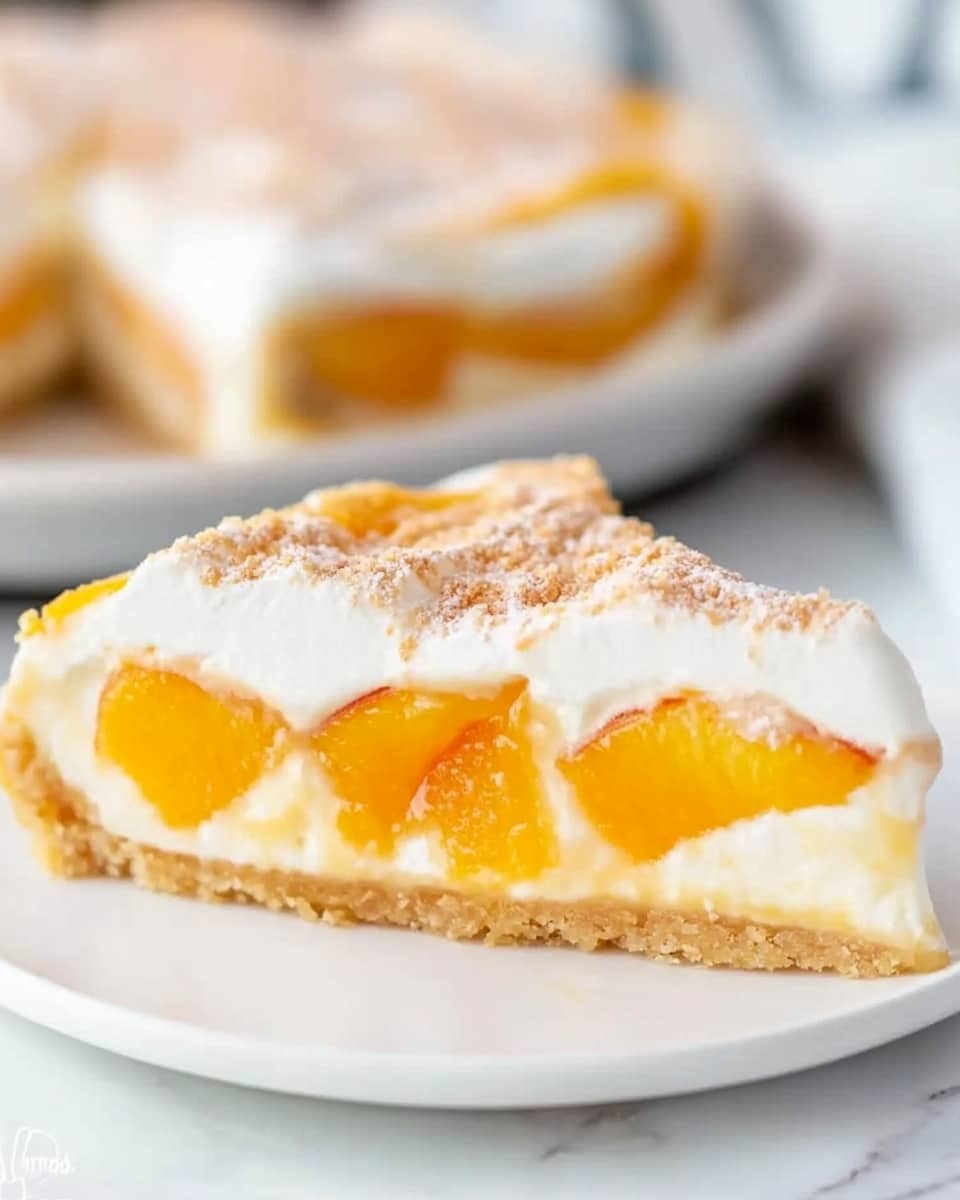 A slice of layered peach dessert sits on a white plate. The bottom layer is a thick, light golden cake with a soft texture. Above the cake is a layer of chopped bright orange peach pieces that look juicy and fresh. On top of the peaches is a thick layer of white creamy topping, smooth and fluffy in texture. A woman's hand is holding the plate gently from the edge. The background is a white marbled surface with another blurred plate and dessert visible in soft focus. Photo taken with an iphone --ar 4:5 --v 6.1