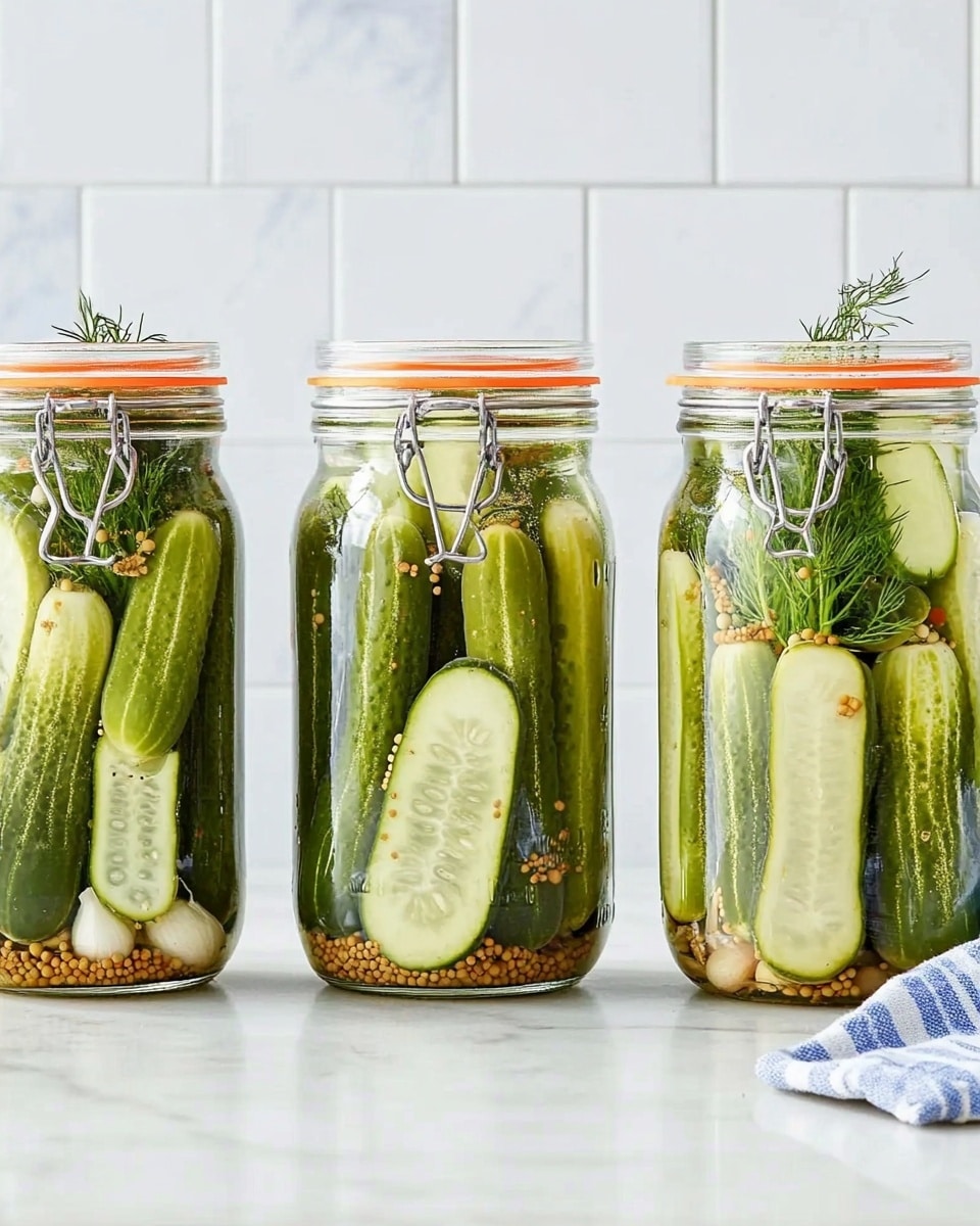 Three tall clear glass jars with metal clamps and red seals are filled with pickled green cucumbers sliced lengthwise into long sticks. Each jar contains a mix of bright green cucumber spears, some whole garlic cloves, sprigs of fresh dill, and scattered round mustard and pepper seeds floating in clear pickling liquid. The jars are placed side by side on a white marbled surface with a white tiled wall in the background. The jars have embossed designs on the glass, adding texture. photo taken with an iphone --ar 4:5 --v 6.1