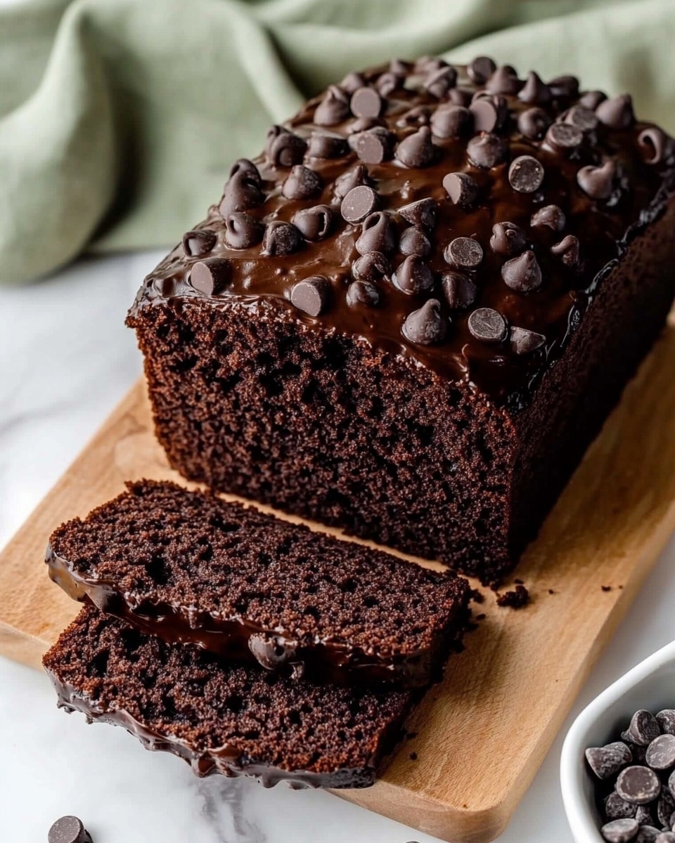 A dark chocolate loaf cake is shown on a wooden board placed on a white marbled surface, with a green cloth in the background. The cake is sliced into two thick pieces, revealing a dense, moist texture filled with melted and whole chocolate chips. The top layer is uneven and rich in chocolate chips, showing a slightly glossy and dense surface. The whole loaf is rectangular with deep brown shades and scattered chocolate pieces throughout. photo taken with an iphone --ar 4:5 --v 6.1
