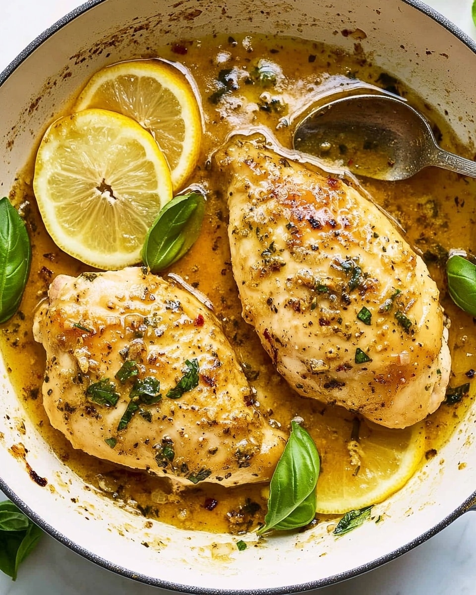 The image shows two cooked pieces of chicken in a large white pan filled with golden brown sauce, speckled with small herbs and spices. Thin slices of lemon are placed around the chicken, and some fresh green herb leaves are scattered on top. A silver spoon is resting edge-up inside the pan. The background surface is white with a marbled texture. Photo taken with an iphone --ar 4:5 --v 6.1