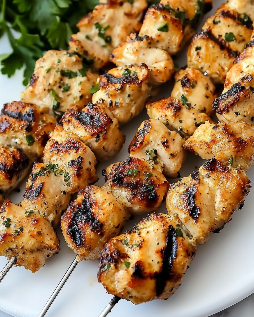 A white plate holds four metal skewers with grilled chicken pieces. Each skewer has several large, uneven chicken chunks that are golden brown with darker char marks. The chicken is coated with herbs and spices visible as small green and red flecks. The plate sits on a white marbled surface with some scattered herbs around it. The photo focuses closely on the chicken, showing the crispy texture and grill marks clearly. Photo taken with an iphone --ar 4:5 --v 6.1