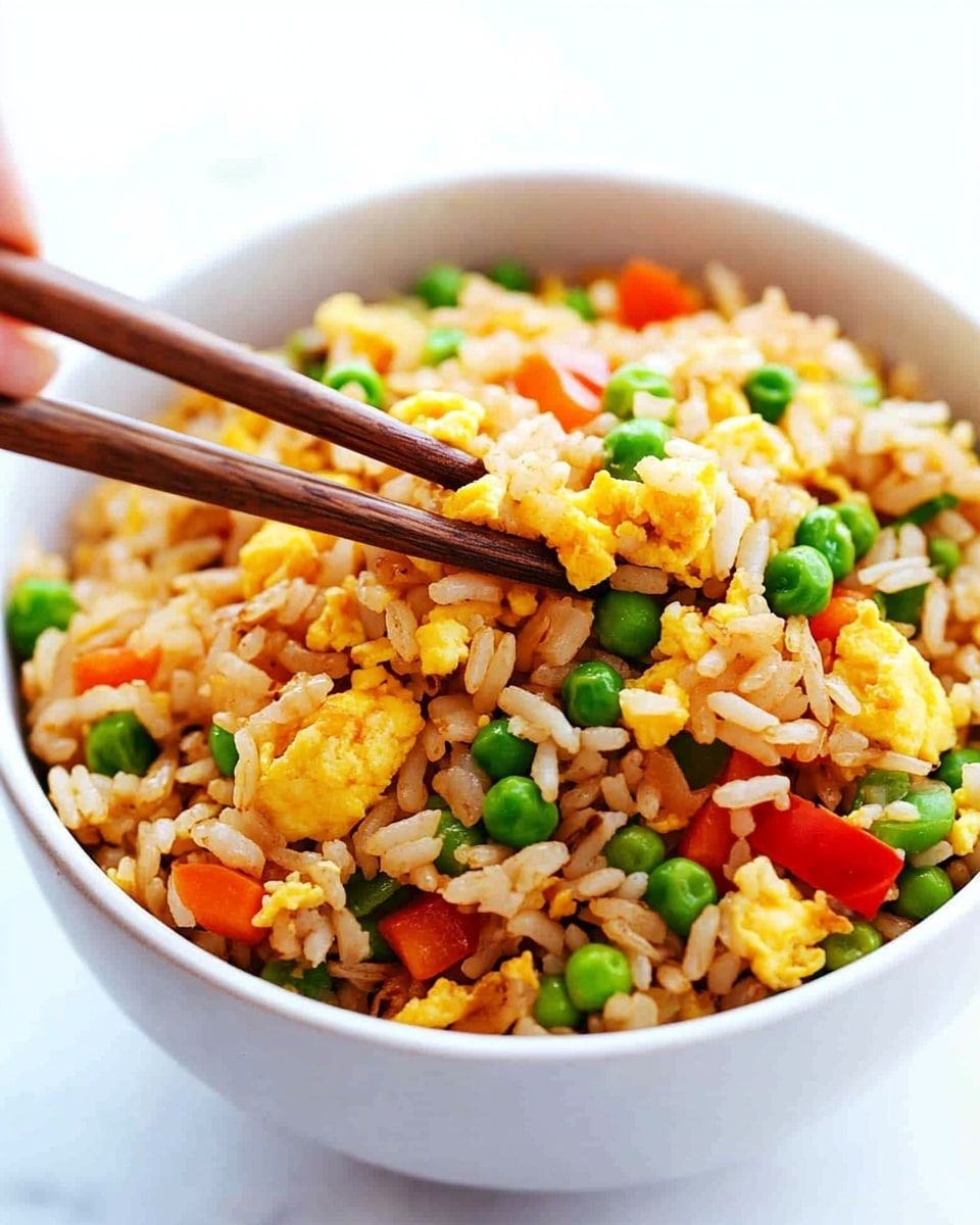 The image shows a large round silver pan filled with fried rice. The rice is light brown and mixed evenly with bright orange carrot cubes, green peas, small white onion pieces, scrambled yellow egg pieces, and sprinkled green onion slices on top. The ingredients are well mixed, creating a colorful, textured dish with small chunks of vegetables and egg spread throughout. The pan is placed on a white marbled surface. photo taken with an iphone --ar 4:5 --v 6.1