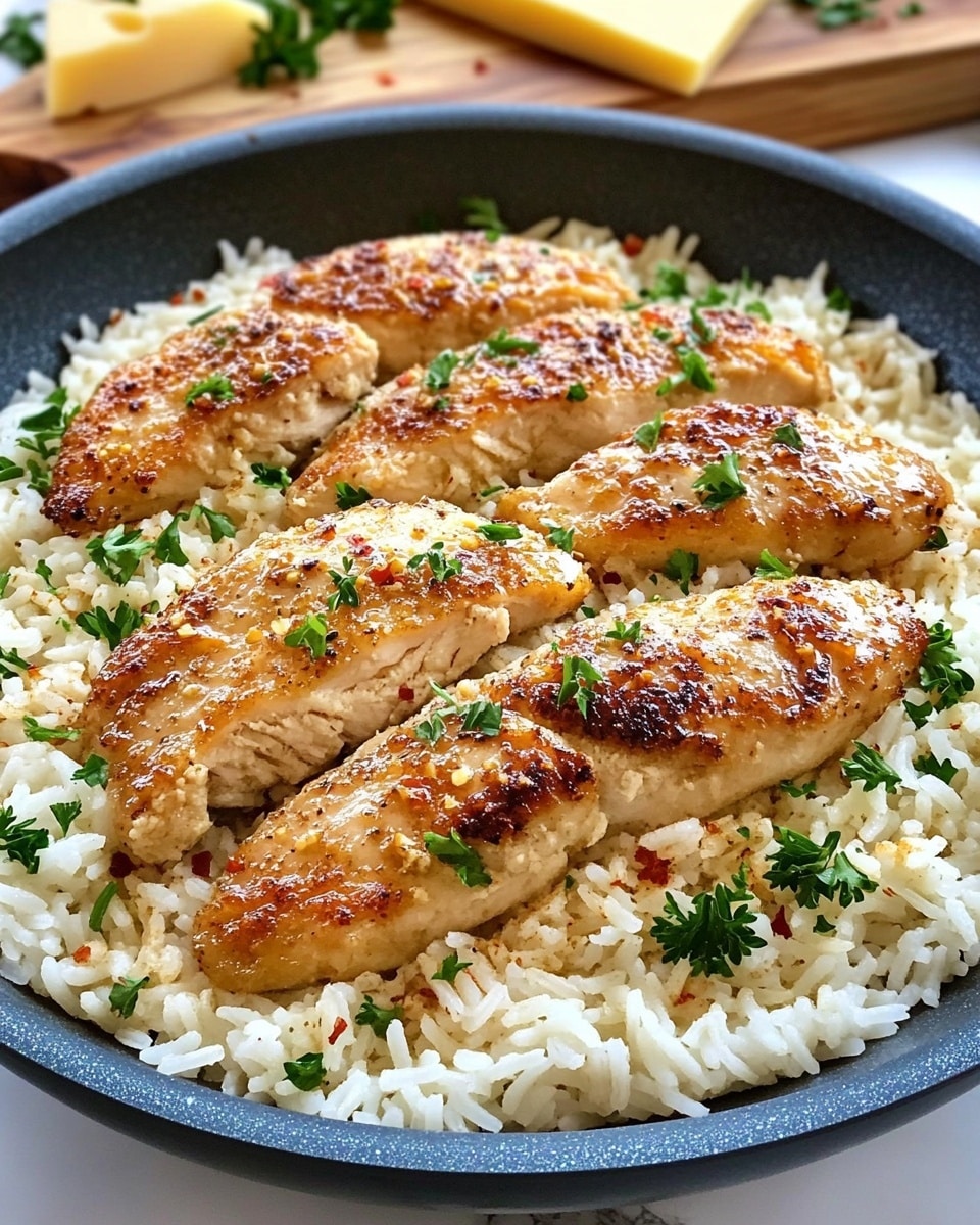 A white plate with six golden brown grilled chicken strips arranged evenly on top of a creamy bed of shredded cheese and rice. The rice mixture is light in color with a slightly soft and textured look, sprinkled with chopped fresh green parsley throughout. The chicken strips have a crispy and slightly charred texture, with small specks of seasoning visible on the surface. In the background, there is a wooden board with a block of cheese and more herbs, all set on a white marbled surface. The image has natural light and a close-up view focusing on the food. photo taken with an iphone --ar 4:5 --v 6.1
