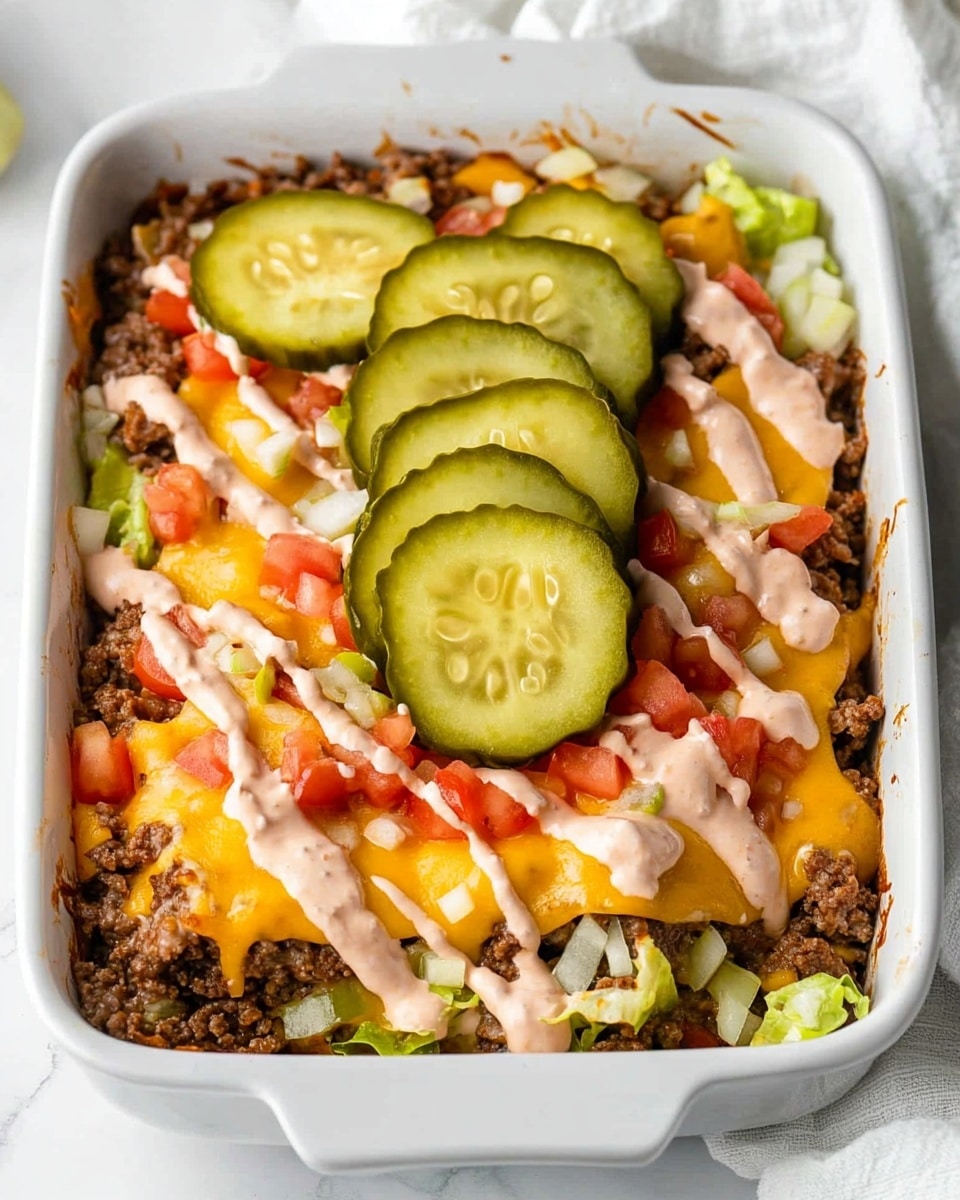 A white square baking dish filled with a layered cheeseburger casserole shown from above. The bottom layer is browned ground beef visible around the edges, topped with melted bright orange cheddar cheese creating a bubbly texture. Over this is a drizzle of creamy pinkish sauce scattered unevenly across the surface. In the center, there is a pile of shredded light green lettuce, topped with several bright green pickle slices with ridges. Around and on top of the lettuce and pickles are small pieces of diced red tomatoes and finely chopped white onions. The dish sits on a white marbled textured surface with a white cloth napkin partially visible at the bottom. The edges of the casserole dish show some browned and slightly crispy bits, adding texture contrast. photo taken with an iphone --ar 4:5 --v 6.1
