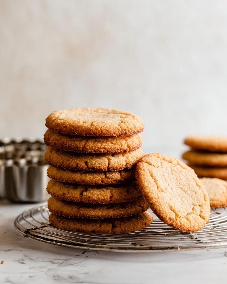 The image shows a stack of eight round brown cookies with a slightly rough texture, sitting on a metal cooling rack. The cookies are thin and evenly baked with a golden-brown color. Two more cookies lean against the stack on the right side, showing their thin edges. The surface beneath the rack is a white marbled texture, and the background is a soft, light color with subtle texture. Photo taken with an iphone --ar 4:5 --v 7