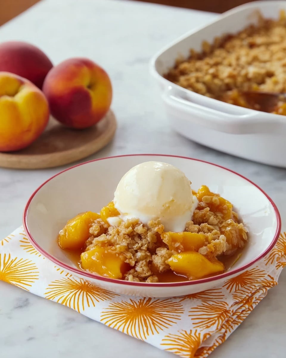 A white bowl with a red rim sits on a light cloth with orange patterns on a white marbled surface. Inside the bowl are three layers: the bottom layer is golden peach pieces sitting in a glossy syrup, the middle layer is a crumbly, light brown cake topping unevenly covering the peaches, and the top layer is a single scoop of creamy white ice cream melting slightly onto the warm fruit and topping below. Behind the bowl, there is a white baking dish with a similar crumb topping and fresh peaches to the right, while a white cup filled with dark liquid sits to the left. Photo taken with an iphone --ar 4:5 --v 7