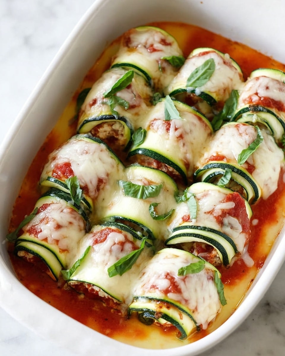 The image shows a white baking dish filled with neat rows of zucchini rolls, each with three layers: a thin green zucchini slice wrapped around a red sauce with some small white bits inside, topped with creamy melted cheese that has a slight golden tint. Bright green small basil pieces are sprinkled on top, adding fresh color. The zucchini rolls sit in a light reddish-orange sauce at the bottom of the dish, with a smooth and slightly shiny texture. The background surface is white marbled. photo taken with an iphone --ar 4:5 --v 7