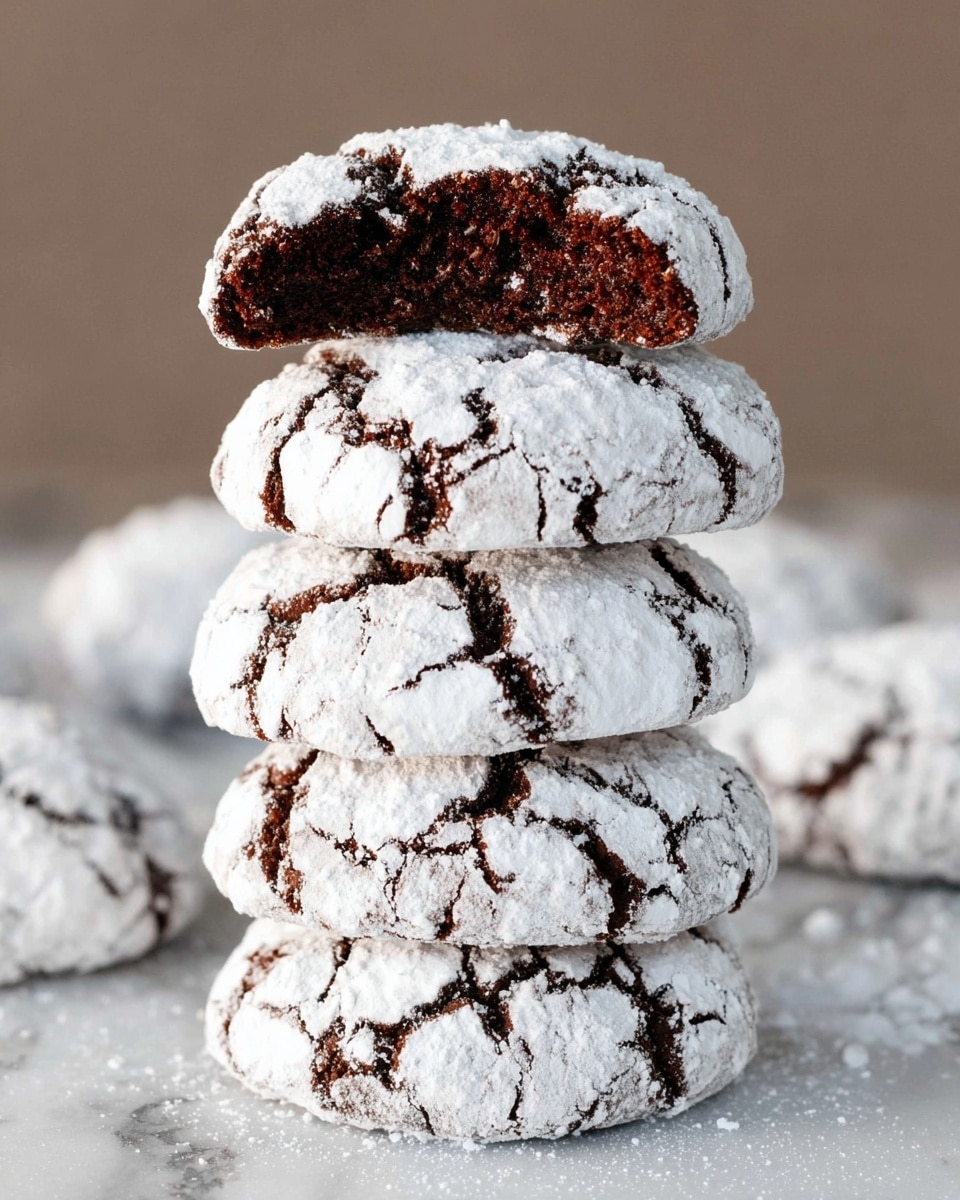A stack of five round chocolate cookies is shown on a white marbled surface. Each cookie is covered in a thick layer of white powdered sugar with dark chocolate cracks breaking through the surface, creating a cracked pattern. The top cookie is broken in half, revealing a soft, moist, dark brown inside with a slightly crumbly texture. The background is blurred and neutral-toned, making the cookies the main focus. photo taken with an iphone --ar 4:5 --v 7