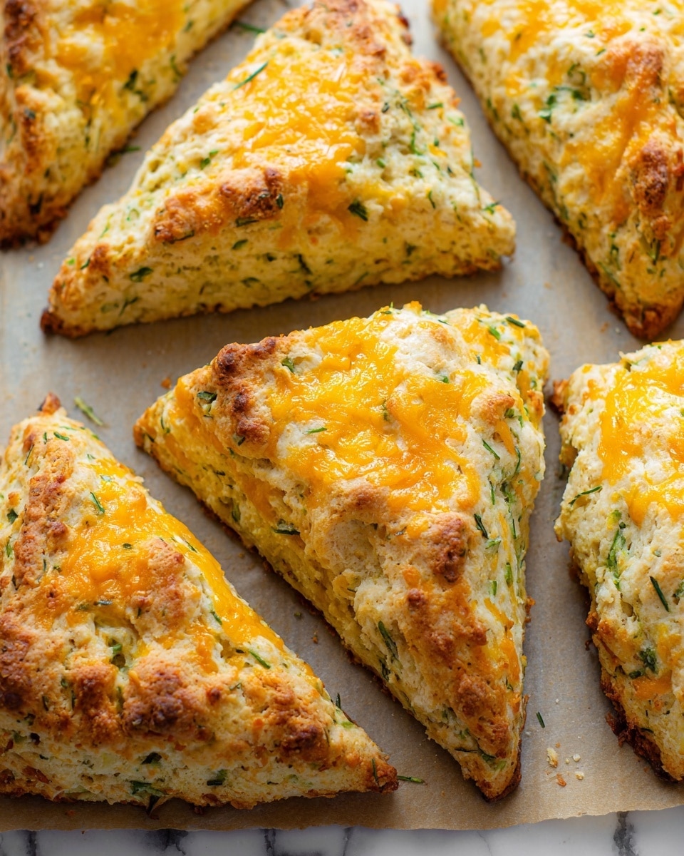 The image shows a close-up of several triangle-shaped scones on brown parchment paper. Each scone has a light golden crust with a slightly crumbly texture. The tops are sprinkled with melted orange-yellow cheddar cheese and small green flecks of what looks like zucchini or herbs, adding color variation and a rough texture. The scones are thick, with a fluffy inside visible in some pieces. The background surface below the baking tray is a white marbled texture. photo taken with an iphone --ar 4:5 --v 7