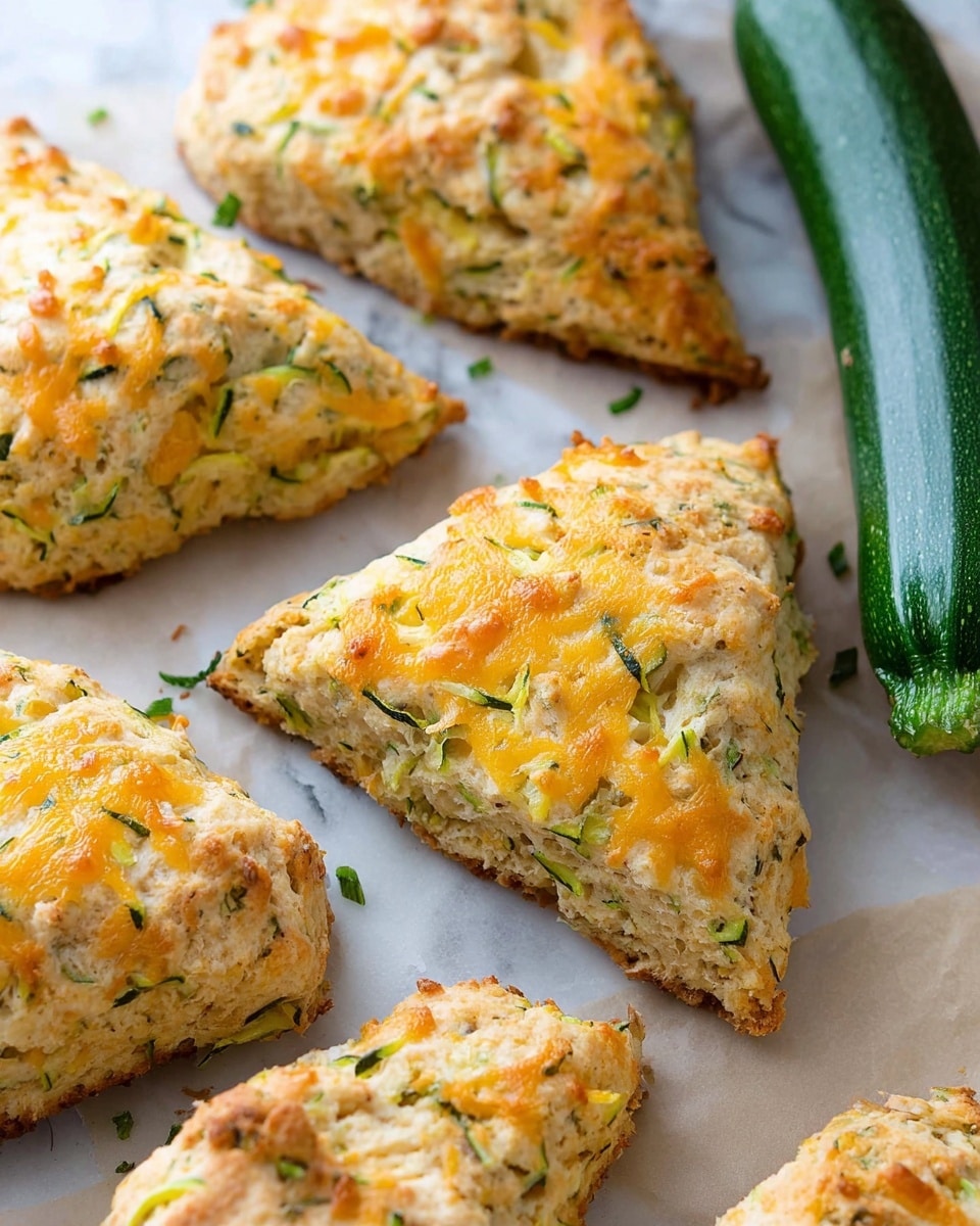 The image shows several golden brown scones arranged on parchment paper with a white marbled background. Each scone is triangular with a rough, crumbly texture and has a layer of melted yellow cheese on top mixed with thin green vegetable strands, likely zucchini, giving a speckled look. The inside of the scones is pale and slightly dense with visible bits of cheese and greenery, hinting at a moist interior. A whole fresh zucchini is placed to the right side of the image. photo taken with an iphone --ar 4:5 --v 7