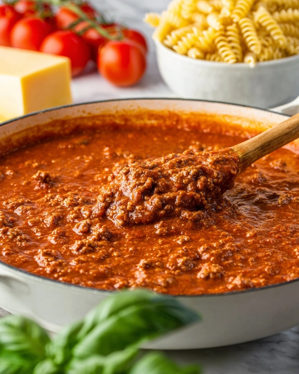 A close-up image of a thick, chunky orange-red meat sauce in a black pan with a wooden spoon lifting a scoop of the textured sauce, showing small pieces of browned ground meat mixed evenly throughout the smooth tomato base. In the background on a white marbled surface, there is a wedge of pale yellow cheese, fresh bright green basil leaves, and a ripe red tomato partially visible. The pan sits on a wooden stand, and blurred uncooked pasta in a white bowl is seen further behind. Photo taken with an iphone --ar 4:5 --v 7