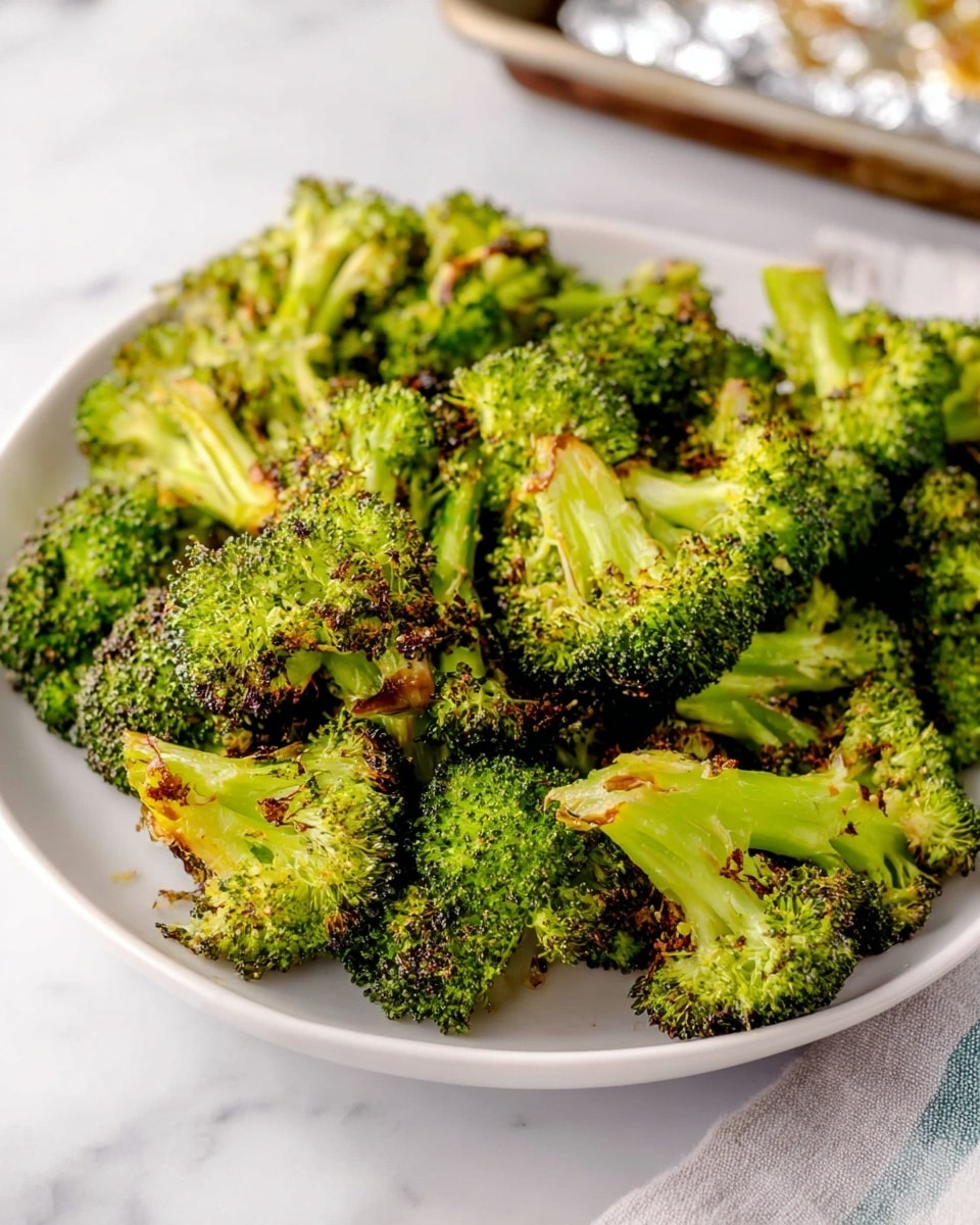 A white plate filled with roasted broccoli florets arranged close together, showing their bright green color with edges that are slightly brown and crispy. Each floret has a textured surface with tiny buds and small stems visible under the tops. The plate sits on a white marbled surface, and in the background, there is a blurred baking tray with foil and crumbs. The lighting is soft and natural, highlighting the vibrant green and the caramelized parts of the broccoli, photo taken with an iphone --ar 4:5 --v 7