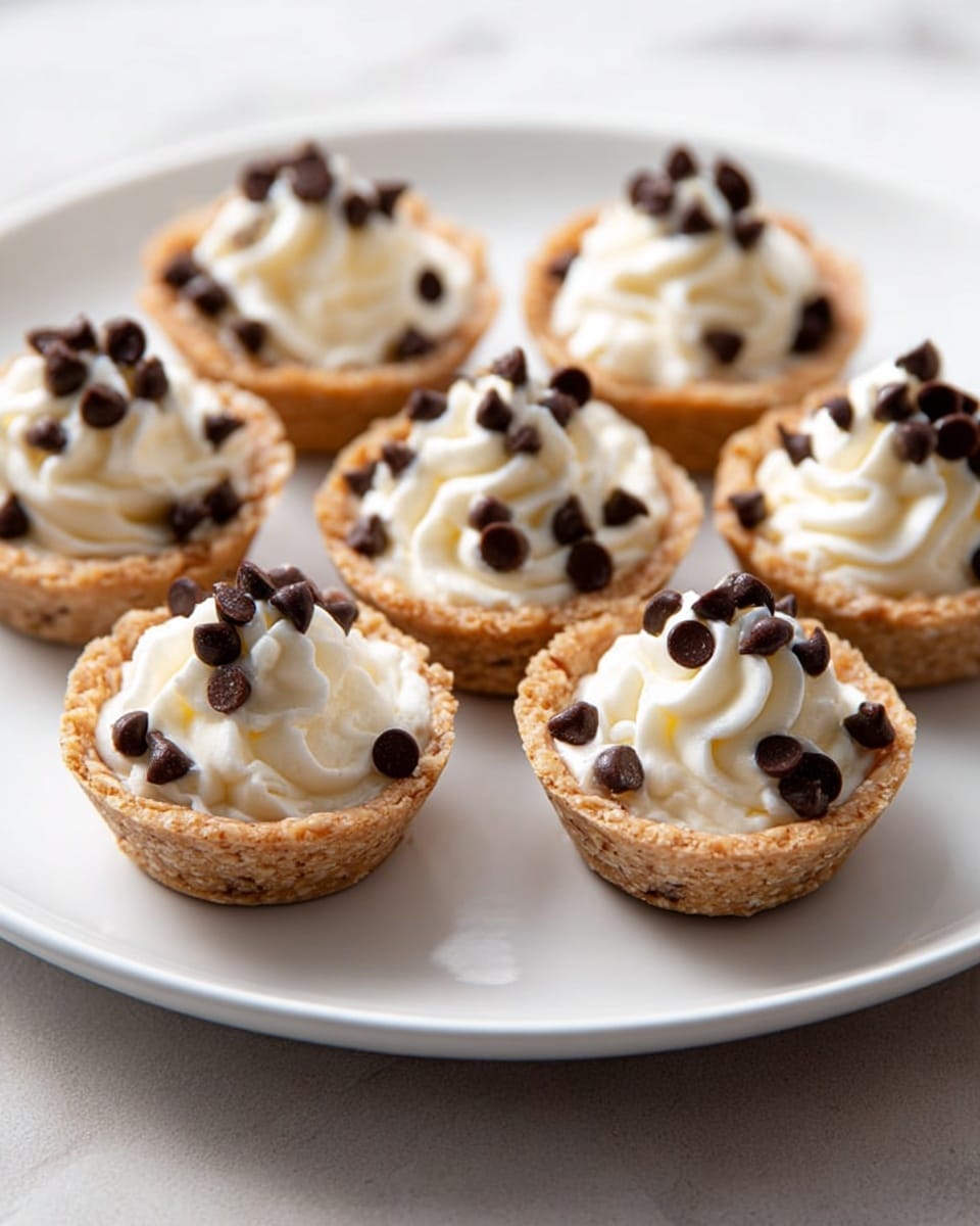The image shows six small tartlets arranged on a large white plate, which sits on a white marbled surface. Each tartlet has a golden brown, crisp crust as the bottom layer, topped with a swirl of creamy white filling that is smooth and soft in texture. Scattered over the top of the cream are several small, dark brown chocolate chips that add a rich contrast to the light cream. The tartlets are evenly spaced, with the front tartlet in sharp focus and the others gradually softer in the background, creating a depth effect. The photo taken with an iphone --ar 4:5 --v 7