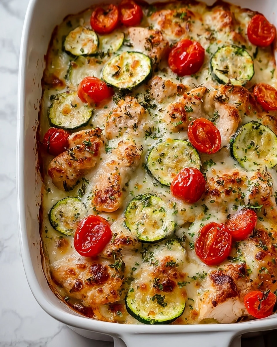 The image shows a white oval baking dish filled with layers of baked chicken pieces topped with slices of green zucchini and red cherry tomatoes. The chicken is golden brown with some crisp, browned spots, covered unevenly with melted white cheese that has a slight brown color in places. There are green herbs sprinkled evenly on top and the edges of the dish have baked-on drips and browning. The dish sits on a surface with a white marbled texture photo taken with an iphone --ar 4:5 --v 7