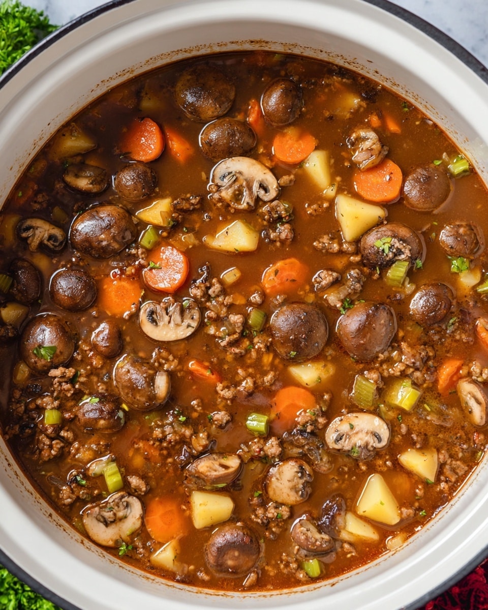 A white bowl filled with a thick soup made of visible layers: the top layer has whole and halved brown mushrooms floating, beneath them are bright orange carrot slices, small yellow potato cubes, and pieces of ground meat in a rich brown broth with herbs and small bits of celery. The bowl sits on a white marbled surface with part of a woman's hand holding it on the side. photo taken with an iphone --ar 4:5 --v 7