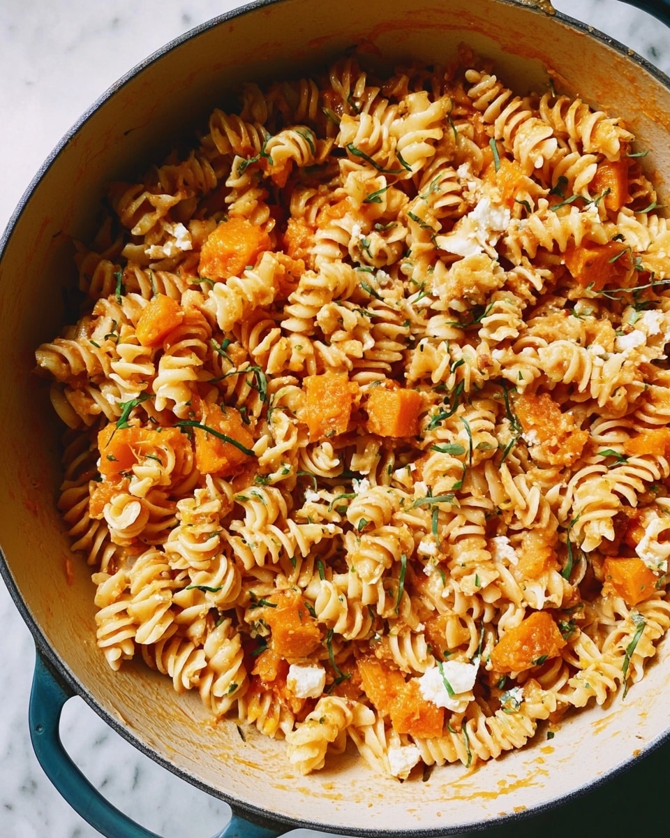 The dish is a close-up of a white round pan filled with twisted pasta spirals mixed with chunks of orange squash and specks of fresh green herbs scattered evenly on top. Soft-looking white cheese pieces are spread throughout, adding contrast to the small pasta and vegetable layers beneath. The pan sits on a white marbled surface while some pasta rests slightly on the pan's edge. The smooth pasta texture is mixed with the slightly chunky squash and crumbly cheese, creating a colorful and inviting look. photo taken with an iphone --ar 4:5 --v 7