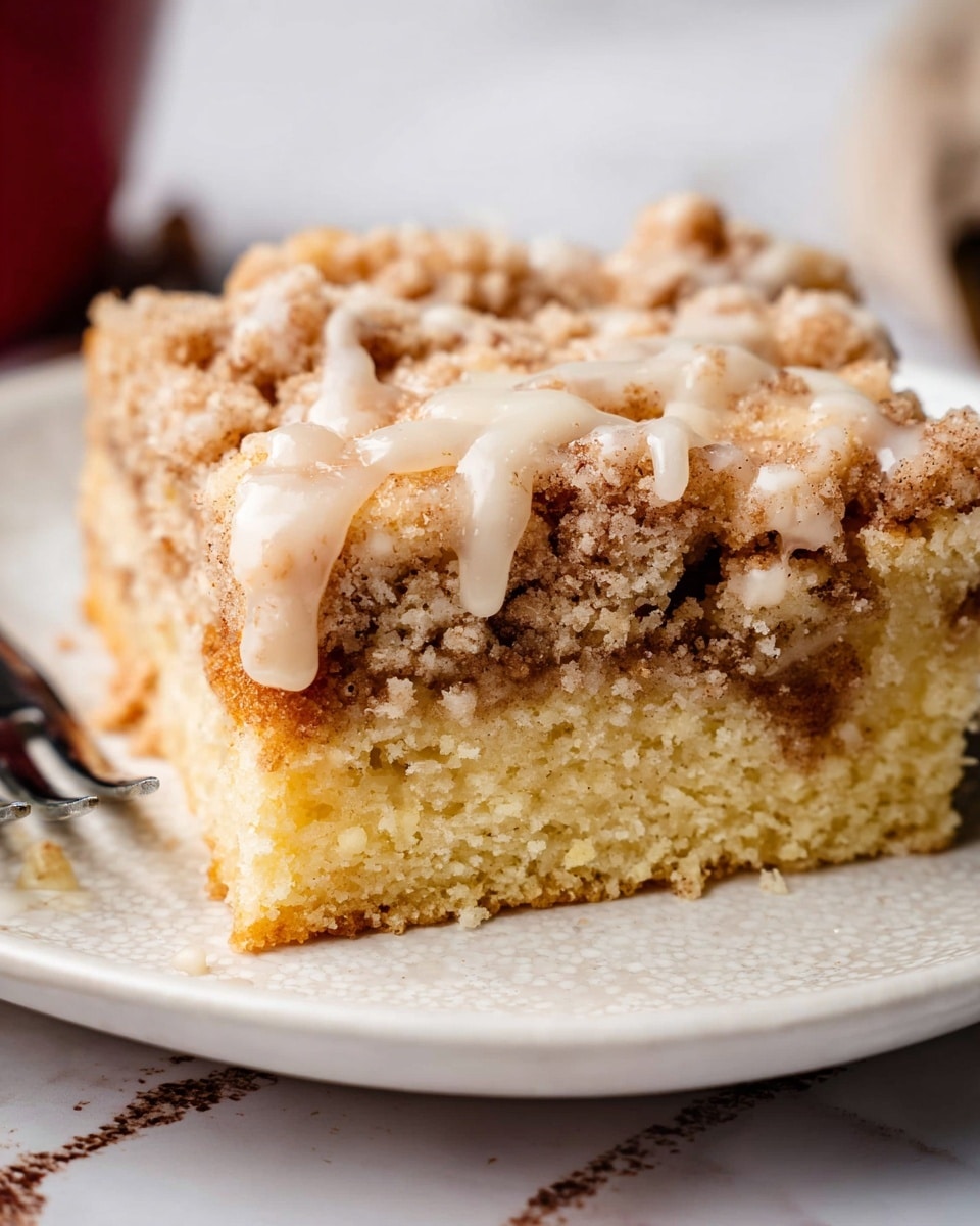 The image shows a close-up of a piece of crumb cake on a white plate with a shiny texture. The cake has three layers: the bottom layer is golden brown and firm, the middle layer is soft and light yellow, and the top layer is a thick crumbly mixture with a light brown color. The crumbs have a rough texture and are scattered unevenly. There is a white glaze drizzled on top of the crumb layer, with some glaze pooling on the plate. A fork is partly visible behind the plate, and the surface under the plate is a white marbled texture. Photo taken with an iphone --ar 4:5 --v 7