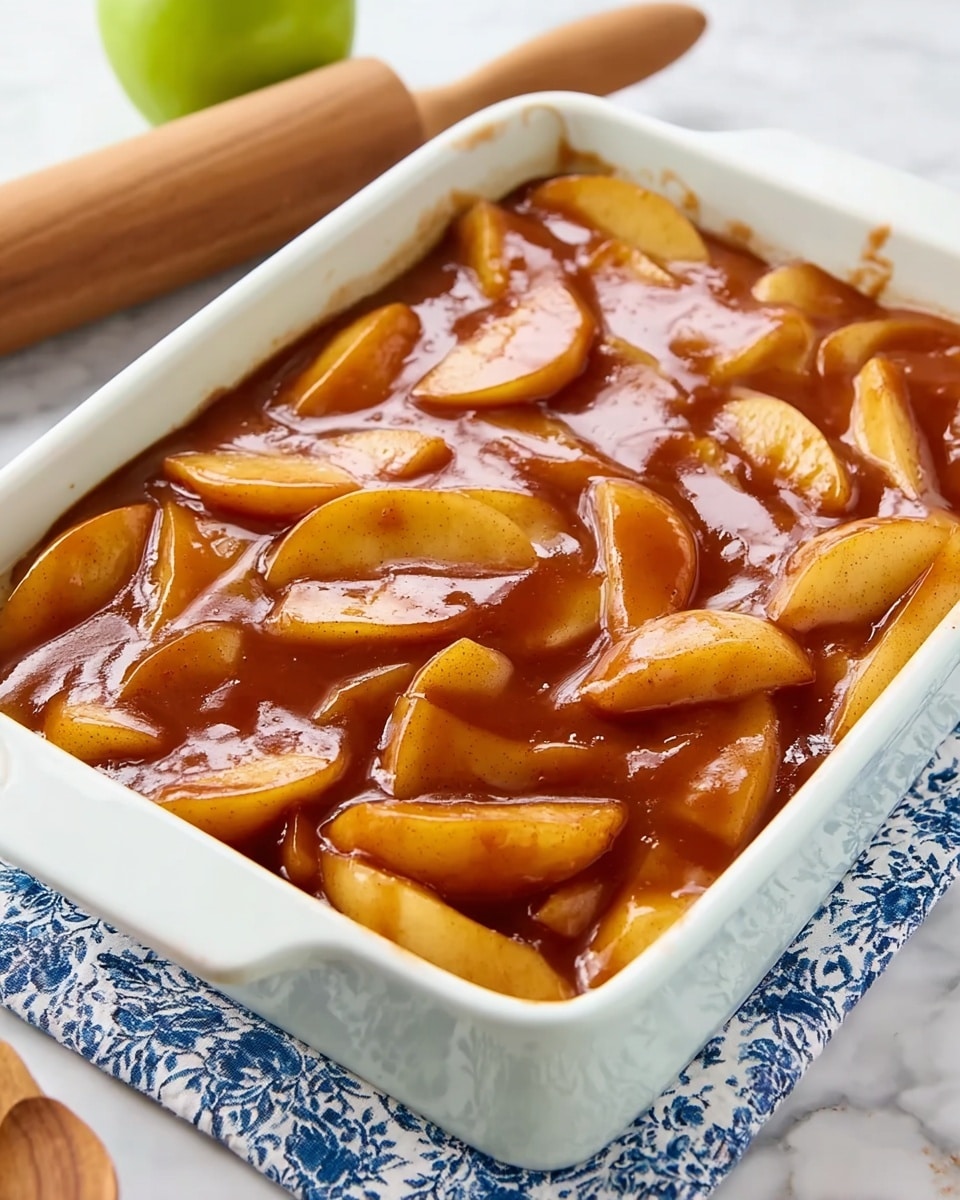 A white rectangular dish filled with thick slices of cooked apple coated in a shiny, rich reddish-brown cinnamon sauce, all pieces layered loosely and overlapping each other, showing a mix of soft textures and glistening sauce on a white marbled surface with a patterned cloth underneath slightly visible, photo taken with an iphone --ar 4:5 --v 7