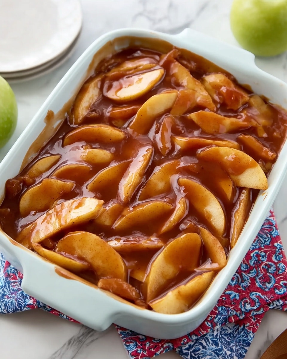 The image shows a white rectangular baking dish filled with thick slices of apple coated in a shiny, rich brown sauce. The apple slices are layered closely together, covering the whole dish, and the sauce adds a glossy texture that blends smoothly over the fruit. The dish sits on a white marbled surface with a folded cloth underneath that has blue and red patterns. In the background, part of a whole green apple is visible. photo taken with an iphone --ar 4:5 --v 7