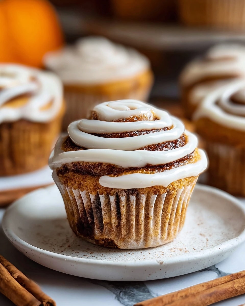 The image shows a close-up of a cinnamon roll muffin with three visible layers: the bottom layer is a light brown muffin base with a soft texture, the middle layer features dark brown cinnamon swirls embedded within the muffin, and the top layer is a white drizzle of icing spread in a spiral pattern, dusted lightly with cinnamon powder. The muffin sits on a white plate with more muffins blurred in the background on a white marbled surface, with a piece of cinnamon stick partially visible at the front. Photo taken with an iphone --ar 4:5 --v 7