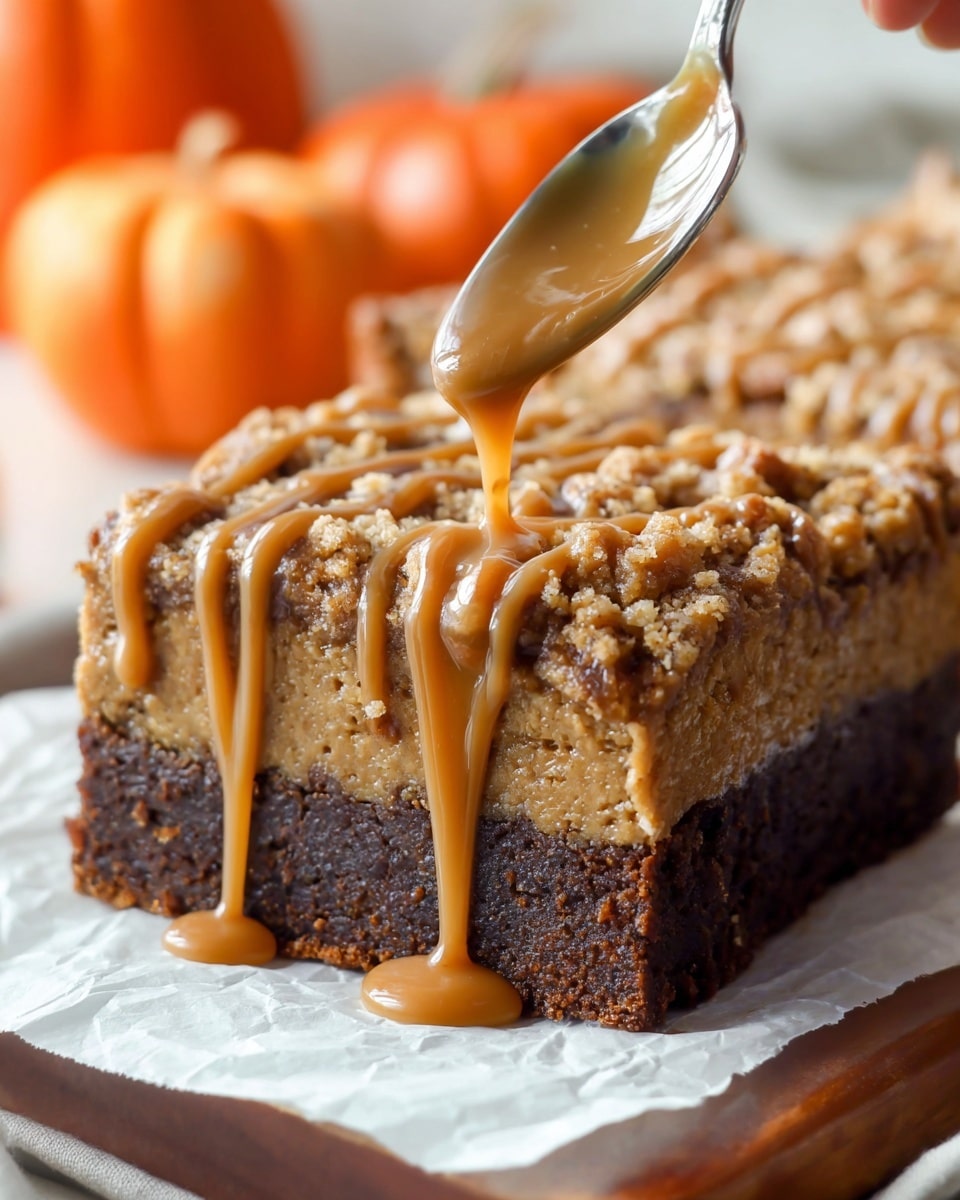 A square dessert with two main layers is shown on white paper over a wooden board; the bottom layer is a dense brown cake, and the top layer is a crumbly streusel with small cookie pieces mixed in. A woman's hand is pouring light brown glaze in thin drips from a spoon onto the streusel, covering the surface unevenly and letting the glaze drip down the sides. There are some small orange pumpkins blurred in the white marbled background. photo taken with an iphone --ar 4:5 --v 7