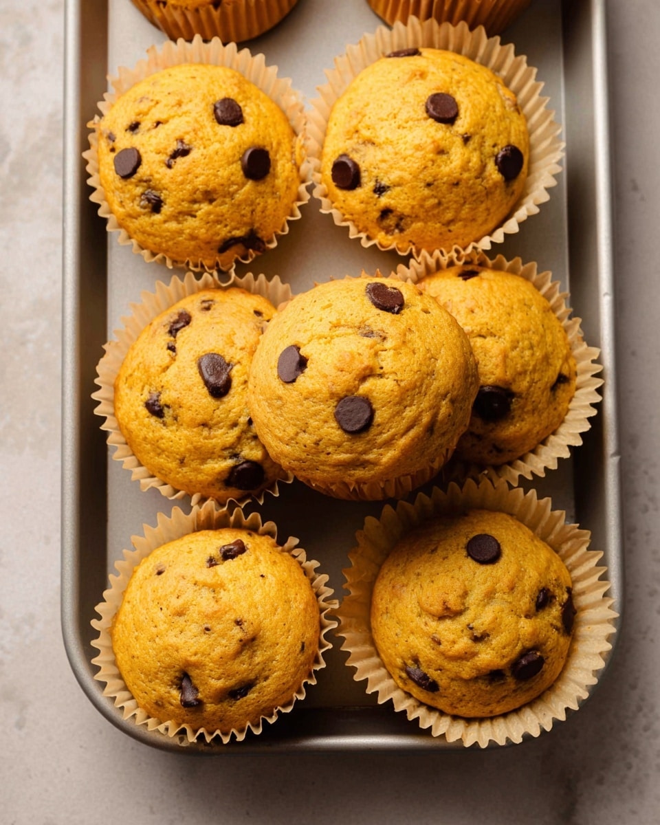 The image shows six golden-brown muffins with visible dark chocolate chips baked into them, arranged on a baking tray. Each muffin has a slightly cracked top, showing a soft, textured surface with small chocolate dots spread throughout. The muffins are wrapped in light beige paper liners that have a slightly crinkled texture. The tray beneath the muffins is metallic with a matte finish. The close-up view highlights the muffins' warm and inviting color and texture, with some muffins placed upright and one tilted on its side. photo taken with an iphone --ar 4:5 --v 7