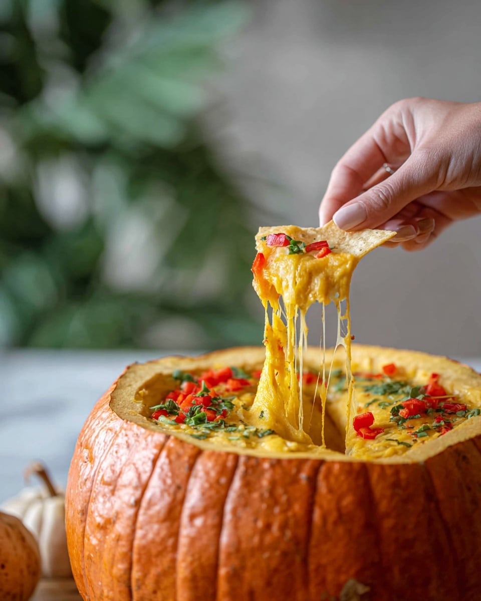 A large orange pumpkin is hollowed out and used as a bowl filled with creamy melted yellow cheese mixed with small pieces of red bell pepper and green herbs. A woman's hand is lifting a tortilla chip dipped in the stretchy melted cheese that flows in long strands from the pumpkin. The background shows soft blurred green leaves and a white marbled surface below. The pumpkin’s rough orange skin contrasts with the smooth, rich cheese inside. photo taken with an iphone --ar 4:5 --v 7